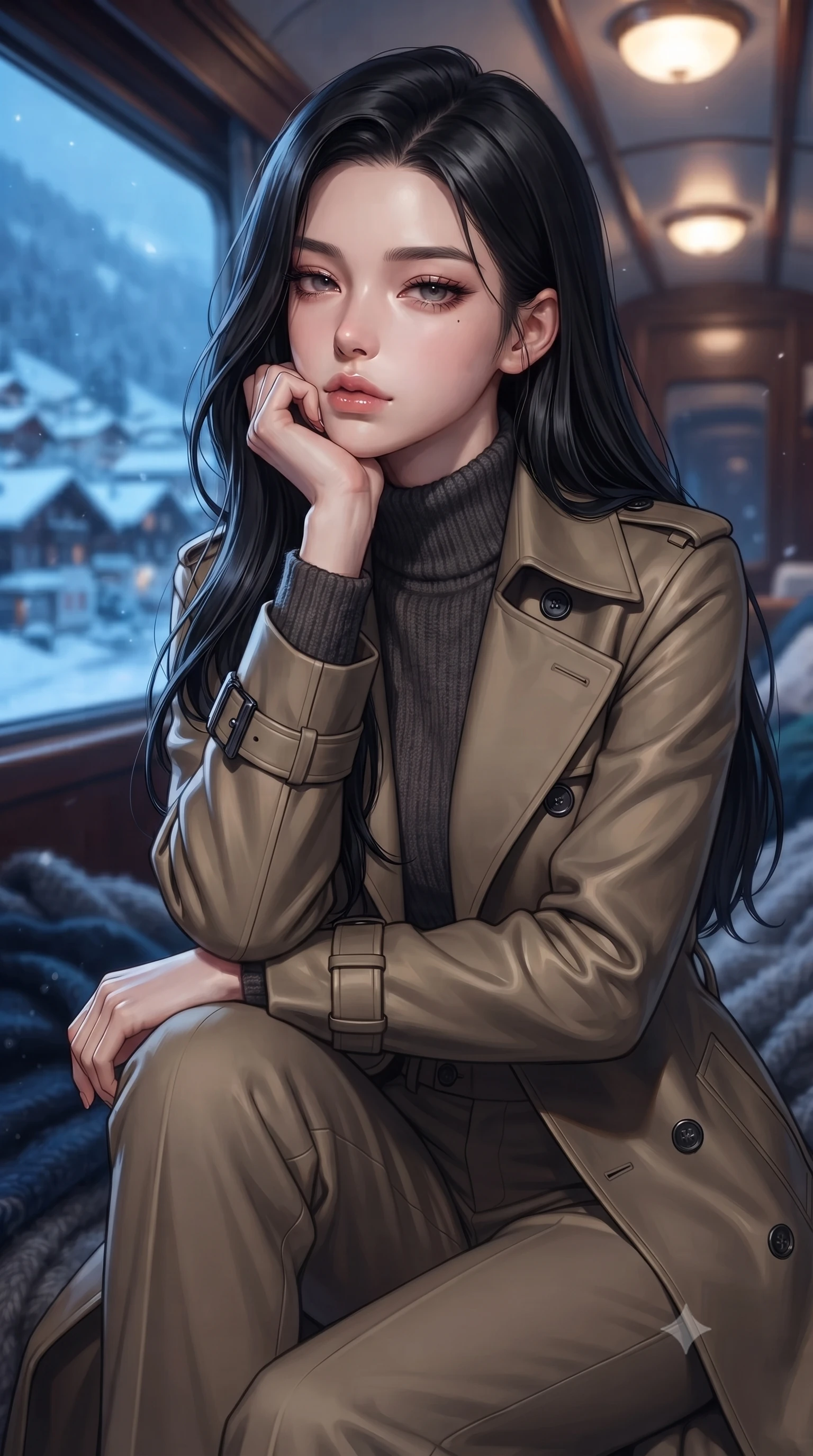 score_9, masterpiece, best quality, ultra-detailed, high-budget anime keyframe, editorial fashion photography, tasteful artistic composition, Korean woman. close-up cowboy shot from the waist and thighs up, the character dominates the composition, filling the frame with her large presence, background elements kept in soft focus. resting her chin on the backs of her fingers, casting a heavy-lidded, sultry look past the camera the background shows a soft-focus a cozy train compartment with woolen blankets and a view of a snowy alpine village. She has an exceptionally elegant, slender, and willowy female figure with an ultra-slim waist, a gracefully sculpted slender torso, and a refined silhouette. sharp v-shaped jawline, high-bridge nose, intricate jewel-like eyes with depth, thick eyelashes, glossy lips with a natural sheen. wearing a form-contouring tailored trench coat in khaki cotton, worn closed over a high-neck dark grey knit sweater and trousers. warm glowing ceiling lights contrasting with the cool blue snow reflections. ultra-reflective glossy finish, specular highlights, metallic sheen, high-contrast stereoscopic depth, volumetric dynamic lighting, 2k, ultra detail, master piece, 9:16 ratio