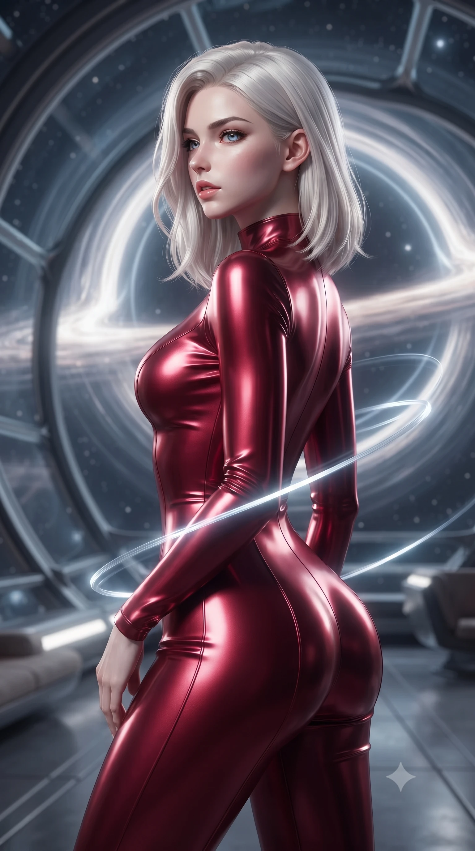 score_9, masterpiece, best quality, ultra-detailed, high-budget anime keyframe, editorial fashion photography, tasteful artistic composition, Caucasian woman. close-up cowboy shot from the waist and thighs up, the character dominates the composition, filling the frame with her large presence, background elements kept in soft focus. turning her face in profile to look over her shoulder, casting a smoldering side gaze with lips slightly parted, the background shows a soft-focus a spaceship observation lounge with curved glass walls showing a gravitational warp. She has an exceptionally elegant, slender, and willowy female figure with an ultra-slim waist, a gracefully sculpted slender torso, and a refined silhouette. sharp v-shaped jawline, high-bridge nose, intricate jewel-like eyes with depth, thick eyelashes, glossy lips with a natural sheen. wearing a tailored form-contouring high-neck bodycon suit in deep crimson, contouring her athletic build like a second skin. cool silver light reflecting from the warp rings, wrapping her form in a soft glaze. ultra-reflective glossy finish, specular highlights, metallic sheen, high-contrast stereoscopic depth, volumetric dynamic lighting, 2k, ultra detail, master piece, 9:16 ratio