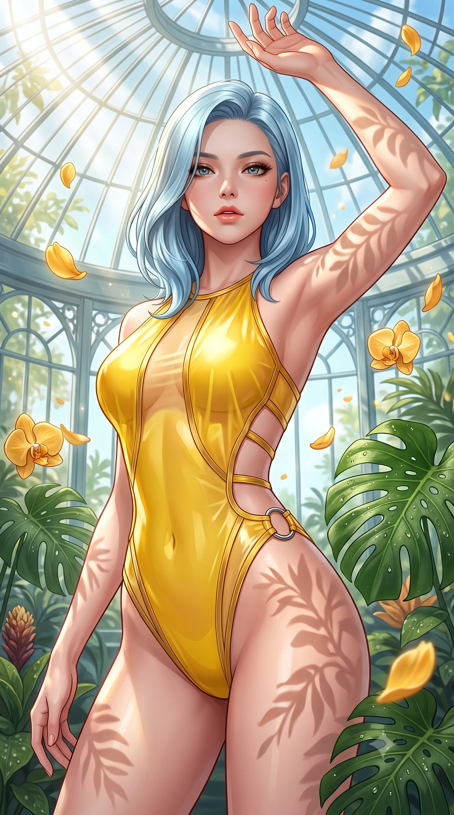score_9, masterpiece, best quality, ultra-detailed, high-budget anime keyframe, semi-realistic 3D game render, editorial fashion photography, tasteful artistic composition, Korean woman. close-up cowboy shot from the waist and thighs up, the character dominates the composition, filling the frame with her large presence. gazing directly into the lens with bedroom eyes and a breathtaking, dangerous allure that commands the entire composition while reaching one arm gracefully toward the streaming sunlight as golden flower petals float past in the warm air. The surrounding environment is rendered in vivid detail and crisp panoramic clarity. intricate crystal glasshouse dome architecture, dewdrop details on Monstera leaves, and golden orchid petals in deep focus. She has an exceptionally elegant, slender, and willowy female figure with an ultra-slim waist, a gracefully sculpted slender torso, toned flat midriff, and a refined slim silhouette. sharp v-shaped jawline, high-bridge nose, intricate jewel-like eyes with depth, thick eyelashes, glossy lips with a natural sheen, flawlessly proportioned anatomical accuracy, strict slender model proportions, natural body alignment, perfectly sculpted long slender limbs, ultra-slim waistline, clean dynamic posture without body distortion. wearing a high-cut translucent vinyl leotard with front paneling, exposed side-rib cutouts, and an open back in vibrant sunburst canary yellow and gold trim, made of smooth iridescent silk chiffon that shifts colors with movement, detailed with polished silver rings connecting the daring side-waist cutouts, the liquid-tight tailored fabric emphasizing every curve of her tall, slender model proportions and sculptured silhouette during dynamic movement. illuminated by fresh botanical ambient radiance with organic leaf-shadow stencils on her skin. highly saturated vibrant anime colors, detailed shading with soft gradients, rich glossy textures, high-contrast stereoscopic depth, volumetric dynamic lighting, master piece, 9:16 ratio