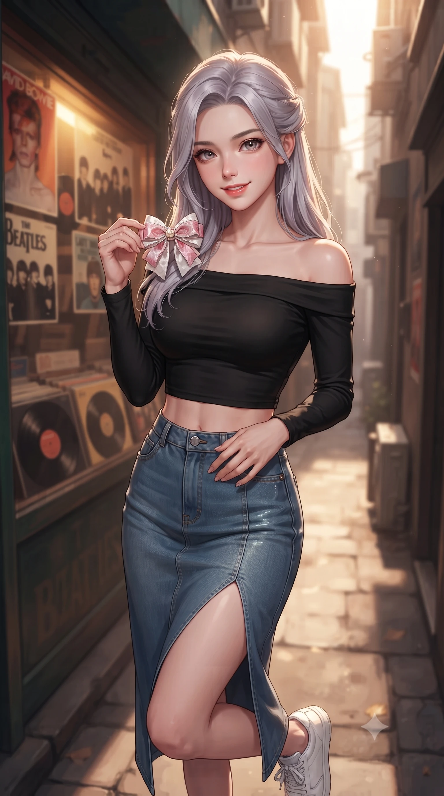 score_9, masterpiece, best quality, ultra-detailed, high-budget anime keyframe, editorial fashion photography, tasteful artistic composition, Caucasian woman. close-up cowboy shot from the waist and thighs up, the character dominates the composition, filling the frame with her large presence, background elements kept in soft focus. gazing at the camera with a warm, lovely smile and cute, friendly eye contact set against a soft-focus background of in front of a vintage vinyl record shop with retro music posters in the window holding a cute handmade ribbon hair clip, looking at the camera. She has an exceptionally elegant, slender, and willowy female figure with an ultra-slim waist, a gracefully sculpted slender torso, and a refined silhouette. sharp v-shaped jawline, high-bridge nose, intricate jewel-like eyes with depth, thick eyelashes, glossy lips with a natural sheen. wearing body-hugging stylish off-shoulder crop top paired with a high-slit denim midi skirt. warm afternoon sunlight filtering down between the narrow alley buildings. ultra-reflective glossy finish, specular highlights, metallic sheen, high-contrast stereoscopic depth, volumetric dynamic lighting, 2k, ultra detail, master piece, 9:16 ratio