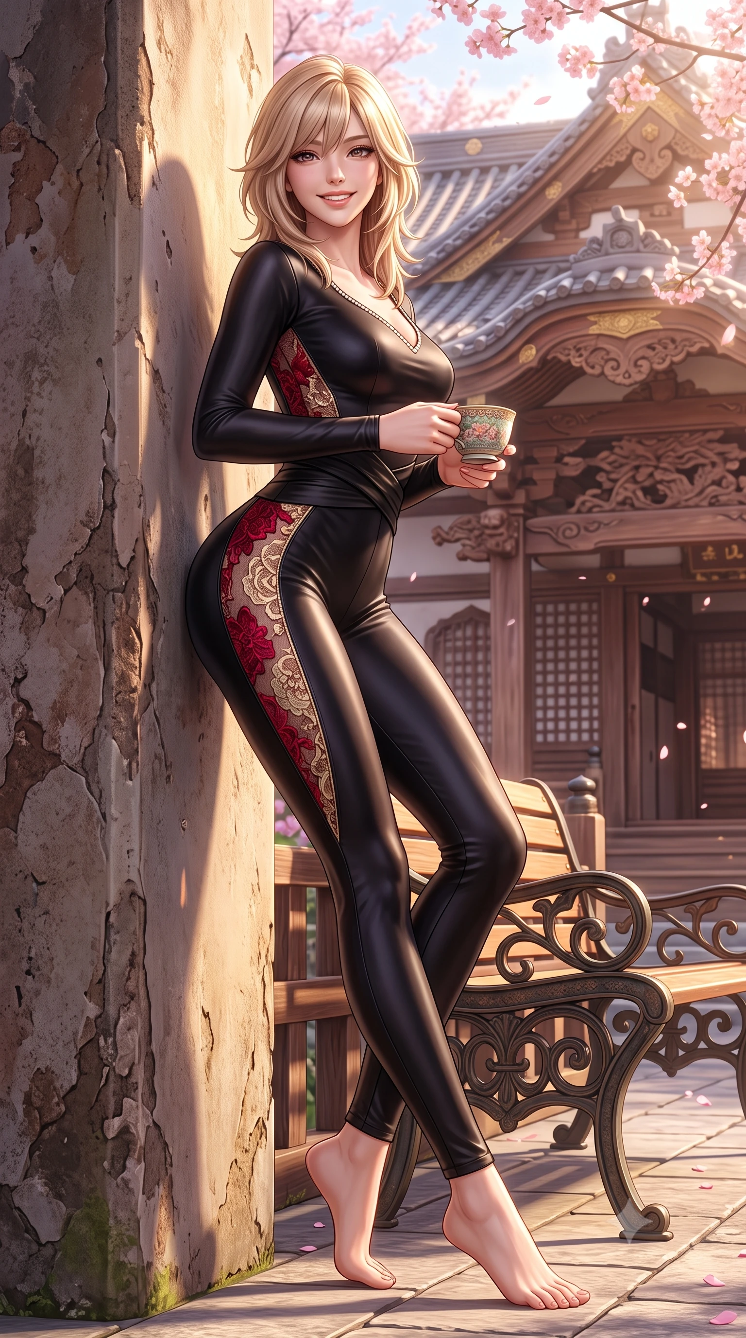 score_9, masterpiece, best quality, ultra-detailed, high-budget anime keyframe, semi-realistic 3D game render, editorial fashion photography, tasteful artistic composition, Japanese woman. low angle full-body shot from head to toe showing her feet, filling the entire 9:16 vertical frame with her statuesque presence, stretching her vertical silhouette. leaning deep against the ancient temple wall with hips cocked back in an unapologetically alluring high-fashion stance, flashing a warm beaming smile while lounging on an outdoor bench holding an antique teacup with both hands, her long slender legs and hourglass curves commanding the spring terrace. The surrounding environment is rendered in vivid detail and crisp panoramic clarity: detailed silk kimono weave, spring sunburst highlights on hair, and traditional Yanaka architecture in razor-sharp precision. She has an absolutely perfect, statuesque 8.5-heads proportion, an exceptionally tall and slender model-like female figure with impossibly long slender legs, an ultra-slim waist, a flat toned midriff, narrow delicate ribcage, and beautifully sculpted feminine hips creating a graceful, slim hourglass silhouette without any bulky heaviness. sharp v-shaped jawline, high-bridge nose, intricate jewel-like dark sparkling almond eyes with depth, thick lashes, glossy parted lips with a natural rose-plum sheen, bright alluring and coquettish smile with bedroom-eyes, exuding both timeless oriental elegance and sovereign high-fashion allure, flawlessly proportioned anatomical accuracy, strict slender model proportions, natural body alignment, perfectly sculpted long slender limbs, ultra-slim waistline, clean dynamic posture without body distortion. wearing a second-skin black silk jersey catsuit with delicate oriental floral lace panels along the ribs and thighs in royal crimson red and lustrous champagne gold, crafted from heavy fluid silk satin with a liquid mirror-like sheen, finished with subtle crystal rhinestones tracing the elegant neckline, the high-waisted wrap tailoring accentuating her ultra-slim waistline and the enchanting curve of her feminine hips with alluring oriental charm. bathed in warm, soft spring afternoon sunlight filtering through pink blossom branches. highly saturated vibrant anime colors, detailed shading with soft gradients, rich glossy textures, high-contrast stereoscopic depth, volumetric dynamic lighting, master piece, 9:16 ratio