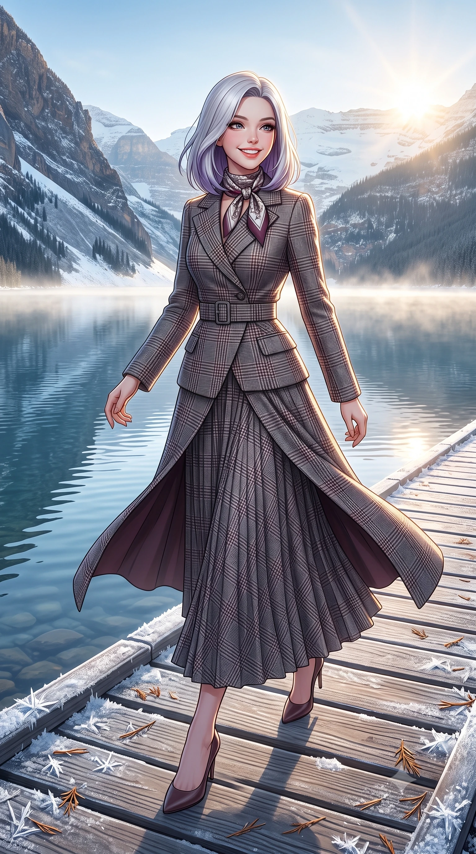 score_9, masterpiece, best quality, ultra-detailed, high-budget anime keyframe, semi-realistic 3D game render, editorial fashion photography, tasteful artistic composition, Caucasian woman. low angle full-body shot from head to toe showing her feet, filling the entire 9:16 vertical frame with her statuesque presence, stretching her vertical silhouette. stepping forward gracefully in mid-motion with a radiant beaming smile, her long tailored coat fluttering around her slender legs while walking along the frosted wooden boardwalk beside the mirror-still alpine lake, glancing back over her shoulder with an infectious joyful smile. The surrounding environment is rendered in vivid detail and crisp panoramic clarity: sharp ice crystal needles on wooden boardwalk planks, fallen larch needles, and ripples on glassy water in deep focus. She has an exceptionally tall and slender model-like 8.5-heads proportion, an ultra-slim waist, a flat toned midriff, narrow delicate ribcage, and beautifully sculpted feminine hips creating a graceful, slim hourglass silhouette without any bulky heaviness, with impossibly long slender legs. sharp v-shaped jawline, high-bridge nose, intricate jewel-like sparkling eyes with depth, thick eyelashes, glossy parted lips with a natural peach sheen, bright cheerful beaming smile with an enchanting and coquettish sensual glint, exuding both youthful cute charm and seductive allure, flawlessly proportioned anatomical accuracy, strict slender model proportions, natural body alignment, perfectly sculpted long slender limbs, ultra-slim waistline, clean dynamic posture without body distortion. wearing an asymmetrical-wrap tailored wool jacket with clean geometric lines paired with a structured pleated maxi skirt in classic glen plaid monochrome with subtle wine red accent, crafted from ultra-soft Mongolian cashmere with exquisite insulating warmth and tactile softness, finished with a printed silk twilly scarf knotted gracefully around her neck, the structured cinched belt emphasizing her narrow waistline and gracefully balanced proportions with timeless haute-couture polish. bathed in crisp, sparkling morning sun breaking over mountain crests, illuminating lake mist with ethereal golden backlighting. highly saturated vibrant anime colors, detailed shading with soft gradients, rich glossy textures, high-contrast stereoscopic depth, volumetric dynamic lighting, master piece, 9:16 ratio