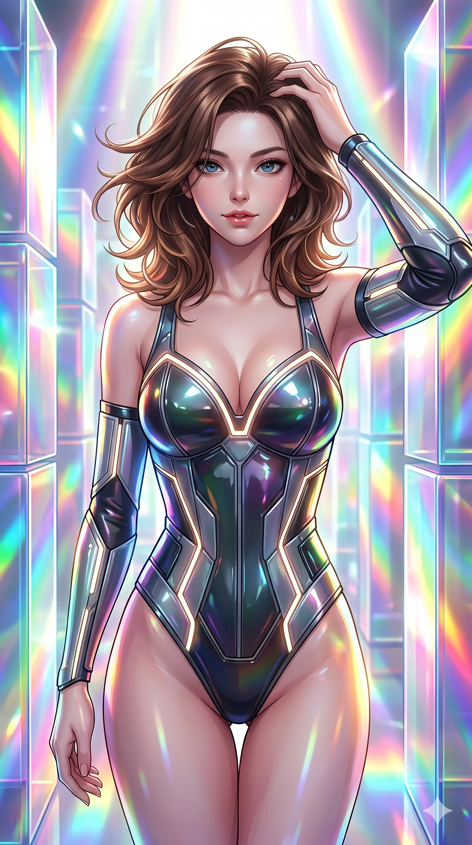 score_9, masterpiece, best quality, ultra-detailed, high-budget anime keyframe, semi-realistic 3D game render, Korean woman. Upper body close-up from the thighs up, character filling the screen for maximum presence. She is moving with dynamic energy, reflecting in a maze of giant prismatic glass blocks that shower bright spectrums of light. She runs a hand through her hair with a playful, teasing expression. She has an absolutely perfect 8-heads proportion, a tall and elegant figure with a refined silhouette and a defined waistline. V-shaped jawline, high-bridge nose, intricate jewel-like eyes with depth, thick eyelashes, glossy lips with a natural sheen. She is wearing a structured cybernetic bodice in glossy vinyl panels, paired with detached sleeves and a refined V-neckline detailed with glowing piping. The scene is drenched in blindingly bright rainbow prismatic spotlights with sharp specular highlights. 2k, ultra detail, master piece, 9:16 ratio