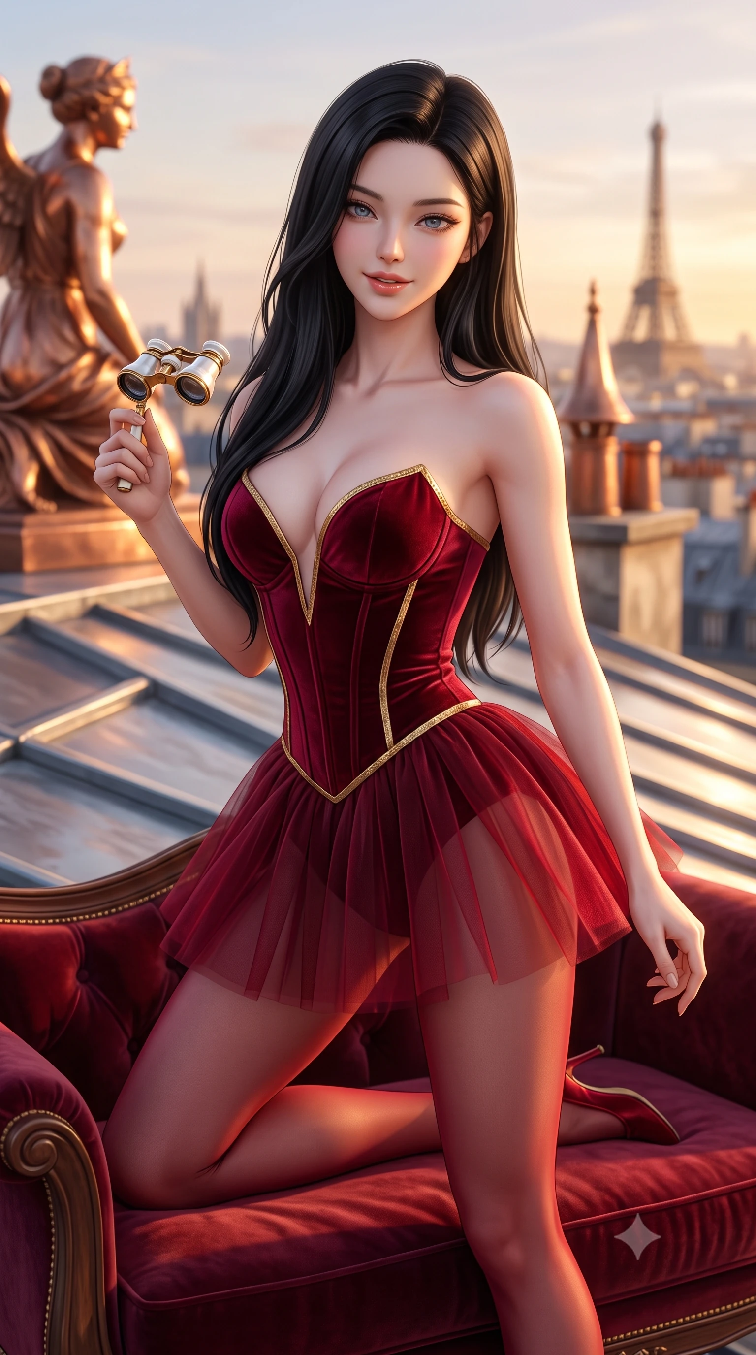 score_9, masterpiece, best quality, ultra-detailed, high-budget anime keyframe, semi-realistic 3D game render, editorial fashion photography, tasteful artistic composition, Korean woman. close-up cowboy shot from the waist and thighs up, the character dominates the composition, filling the frame with her large presence. perched sideways on the lounge seat, one knee drawn up to showcase her slender leg line while her arched back accentuates her feminine hip curve while standing on the zinc roof terrace beside copper statues, arching her back with breathtaking freedom against the Parisian sunset. The background shows a soft-focus copper roof sculptures softened in romantic sunset rooftop shallow focus. She has an exceptionally elegant, slender, and willowy female figure with an ultra-slim waist, flat toned midriff, narrow ribcage, and sculpted feminine hips creating an alluring, slim hourglass silhouette without bulk. sharp v-shaped jawline, high-bridge nose, sparkling eyes with hypnotic seductive depth, thick curled eyelashes, glossy parted lips with a natural dewy peach sheen, alluring bedroom-eyes with an enchanting coquettish smile, exuding magnetic siren charisma and sophisticated glamour, flawlessly proportioned anatomical accuracy, strict slender model proportions, natural body alignment, perfectly sculpted long slender limbs, ultra-slim waistline, clean dynamic posture without body distortion. wearing a plunging sweetheart-neckline boned satin ballet bustier paired with an ultra-short sheer tulle micro-tutu and silk stockings in royal opera house crimson velvet and shimmering gold leaf, tailored from ultra-plush velvet with rich tactile depth and deep shadow gradients, accented with an antique mother-of-pearl opera glass held casually in one hand, the high-slit wrap tailoring accentuating her ultra-slim waistline and the enchanting curve of her feminine hips with alluring seductive charm. illuminated by zinc roof specular bounce and sharp warm-gold rim lights defining her razor-sharp jawline, flat midriff, and curvy hips. highly saturated vibrant anime colors, detailed shading with soft gradients, rich glossy textures, high-contrast stereoscopic depth, volumetric dynamic lighting, master piece, 9:16 ratio