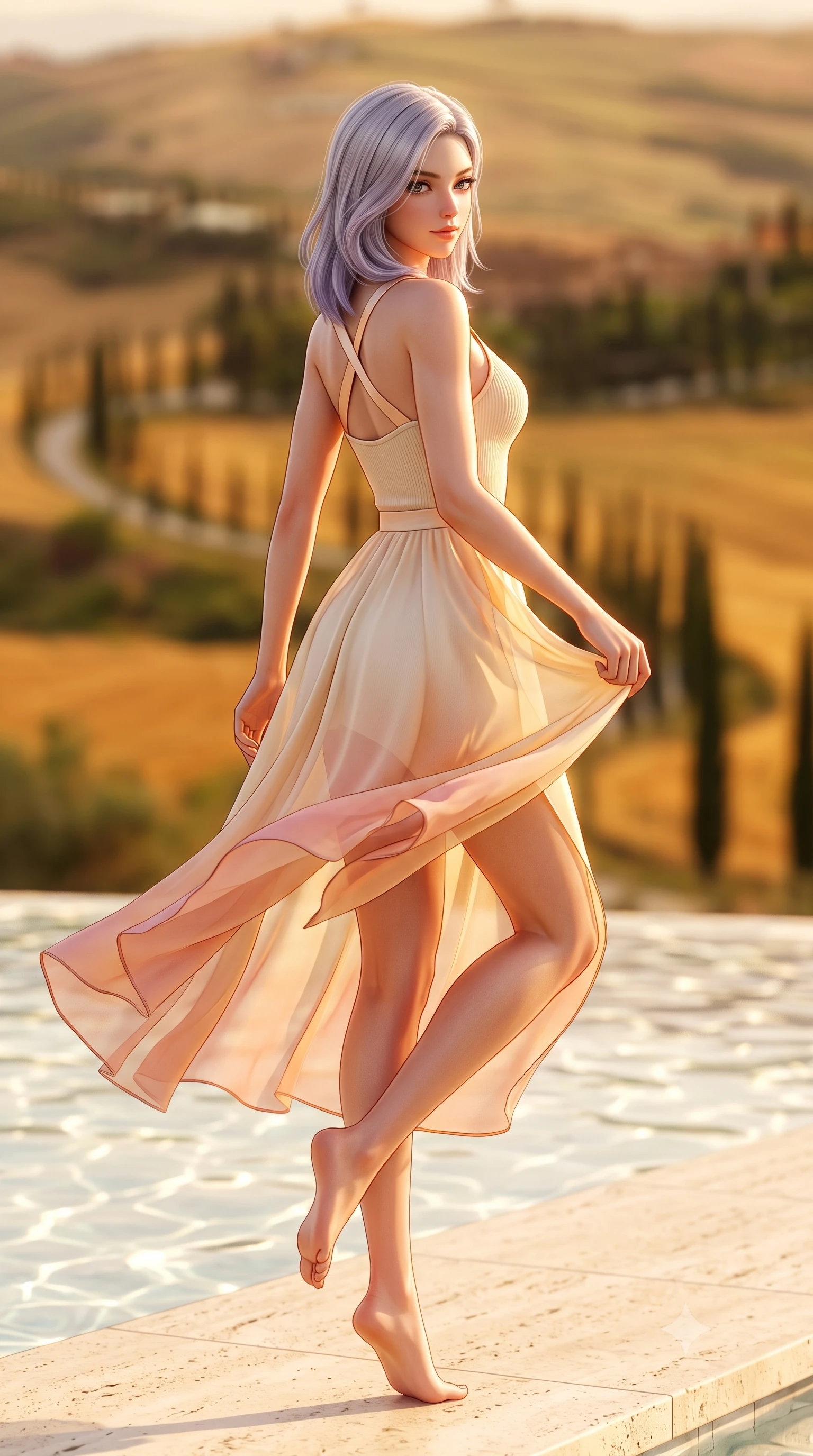 score_9, masterpiece, best quality, ultra-detailed, high-budget anime keyframe, semi-realistic 3D game render, editorial fashion photography, tasteful artistic composition, Caucasian woman. low angle full-body shot from head to toe showing her feet, filling the entire 9:16 vertical frame with her statuesque presence, stretching her vertical silhouette. executing a cheerful mid-motion pivot turn as her resort dress flutters around her slender legs, glancing over her shoulder with an intoxicating, teasing bedroom-gaze while lounging gracefully on a wide travertine sun-shelf with one knee bent, her flat midriff and hourglass curves radiating sun-kissed charm. The composition keeps background elements in soft focus with dreamy creamy bokeh. endless rolling Val d'Orcia golden wheat hills and dark green cypress avenues blurred into warm amber, olive, and terracotta bokeh. She has an exceptionally tall and slender model-like 8.5-heads proportion, an ultra-slim waist, a flat toned midriff, narrow delicate ribcage, and beautifully sculpted feminine hips creating a graceful, slim hourglass silhouette without any bulky heaviness, with impossibly long slender legs. sharp v-shaped jawline, high-bridge nose, sparkling amber-hazel eyes with depth, long lush eyelashes, glossy sun-kissed lips with a warm coral glaze, radiant teasing smile with sensual sunlit bedroom-eyes, exuding effortless old-money elegance and intoxicating sun-drenched allure, flawlessly proportioned anatomical accuracy, strict slender model proportions, natural body alignment, perfectly sculpted long slender limbs, ultra-slim waistline, clean dynamic posture without body distortion. wearing a second-skin stretch ribbed camisole dress in warm vanilla cream clinging to her athletic hips and flat midriff in soft peach blossom pink and warm apricot gold, tailored from airy semi-sheer chiffon that flutters gently in the evening breeze, finished with criss-cross back satin straps highlighting her graceful shoulder blades, the form-contouring cut accentuating her sculpted flat midriff, narrow delicate ribcage, and gracefully curvy hips with sun-drenched supermodel elegance. illuminated by pool caustic reflections and sharp golden-amber rim lighting carving her slim torso, narrow waist, and curvy hips. highly saturated vibrant anime colors, detailed shading with soft gradients, rich glossy textures, high-contrast stereoscopic depth, volumetric dynamic lighting, master piece, 9:16 ratio