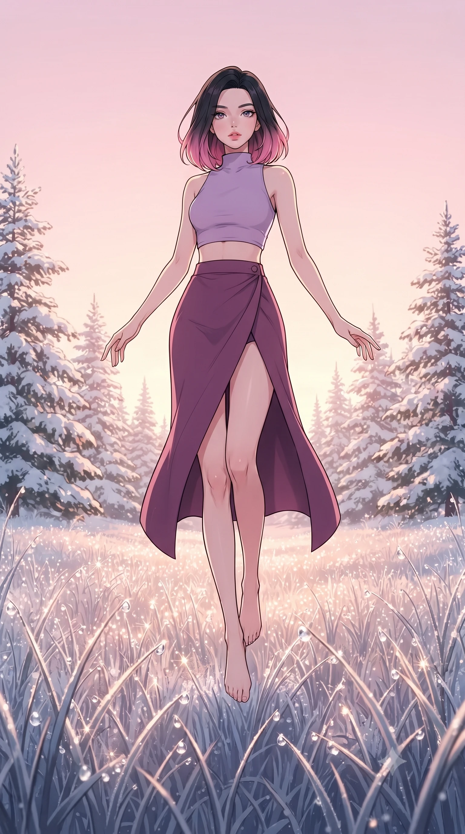 score_9, masterpiece, best quality, ultra-detailed, high-budget anime keyframe, gorgeous anime illustration, with clean line-art and distinct ink outlines, Korean woman. low angle full-body shot from head to toe showing her feet, filling the entire 9:16 vertical frame with her statuesque presence, stretching her vertical silhouette. floating with ethereal lightness within a meadow covered in frost where every blade of grass is tipped with frozen droplets of dew that sparkle like diamonds, surrounded by snow-draped pine trees under a clear pink morning sky. She has a statuesque 8.5-heads proportion, an exceptionally tall, slender and willowy model-like build with impossibly long legs and a highly sculpted ultra-slim waist. sharp v-shaped jawline, high-bridge nose, intricate jewel-like eyes with depth, thick eyelashes, glossy lips with a natural sheen. wearing a high-neck crop top in lavender, paired with a matching high-waisted wrap skirt in plum with a front slit. soft pink and gold dawn light reflecting off the ice-tipped grass, creating a sparkling and glowing lower field. 2k, ultra detail, master piece, 9:16 ratio, vibrant anime color palette, detailed cel-shading with soft gradients, rich contrast, dynamic lighting, 2d animation style