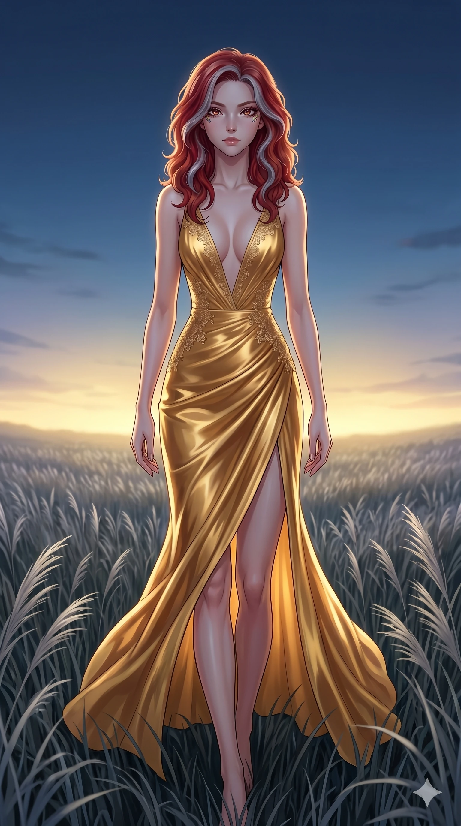 score_9, masterpiece, best quality, ultra-detailed, High-budget Anime Keyframe, East Asian woman. Dynamic full-body shot stretching the vertical silhouette to the limit. Scenario 168: Walking through a field of tall silver grass at twilight. Her presence is magnetic and overpowering in this high-budget anime scene. Outfit 168: A molten liquid silk gold with a plunging V-neckline and delicate lace embroidery. The clothing is designed to emphasize her exceptionally tall and slender 8-heads proportion. 8-heads proportion, towering silhouette, ultra-slim waist. sharp v-shaped jawline, intricate jewel-like eyes with depth, thick eyelashes, glossy lips. 2k, ultra detail, master piece, 9:16 ratio