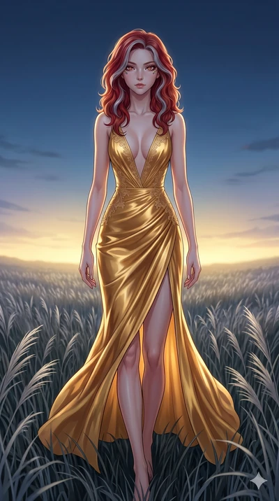 score_9, masterpiece, best quality, ultra-detailed, High-budget Anime Keyframe, East Asian woman. Dynamic full-body shot stretching the vertical silhouette to the limit. Scenario 168: Walking through a field of tall silver grass at twilight. Her pres