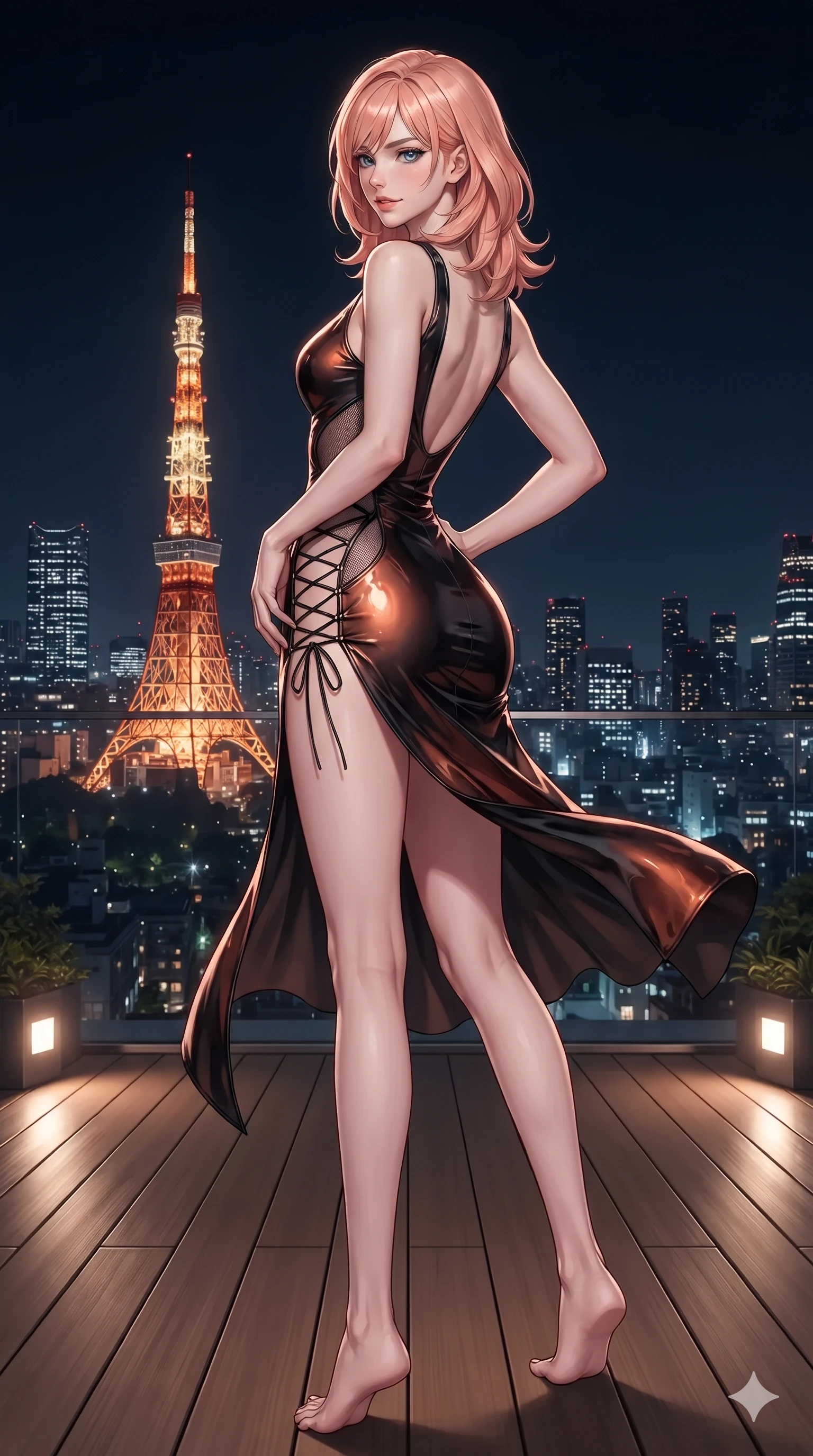 score_9, masterpiece, best quality, ultra-detailed, high-budget anime keyframe, editorial fashion photography, tasteful artistic composition, Japanese woman. low angle full-body shot from head to toe showing her feet, filling the entire 9:16 vertical frame with her statuesque presence, stretching her vertical silhouette. executing a slow, elegant turn as her liquid gown flutters around her slender legs, glancing over her shoulder with an intoxicating, seductive bedroom-gaze while standing poised on the high teak terrace, one hand on her hip as she arches her lower back against the glowing Tokyo Tower skyline. The surrounding environment is rendered in vivid detail and crisp panoramic clarity: detailed asymmetric liquid mercury metallic mini dress tailoring, sheer mesh inserts, and night-sky architecture in razor-sharp precision. She has an exceptionally tall and slender model-like 8.5-heads proportion, an ultra-slim waist, a flat toned midriff, narrow delicate ribcage, and beautifully sculpted feminine hips creating a graceful, slim hourglass silhouette without any bulky heaviness, with impossibly long slender legs. sharp v-shaped jawline, high-bridge nose, intricate jewel-like dark sparkling eyes with dangerous depth, thick curled eyelashes, glossy parted lips with a rich wine sheen, smoldering seductive half-smile with bedroom-eyes, exuding effortless superiority and intoxicating dark allure, flawlessly proportioned anatomical accuracy, strict slender model proportions, natural body alignment, perfectly sculpted long slender limbs, ultra-slim waistline, clean dynamic posture without body distortion. wearing a liquid-look wet vinyl micro-mini dress clinging like a second skin with hip-high side cutouts in dark burnt copper and matte black, featuring strategic sheer-illusion micro-mesh cutouts along her ribcage and hip flanks, featuring fine criss-cross lace-up side ties revealing tantalizing glimpses of her hip curve, the precision-cut side openings and low-back scoop framing her graceful spine and the sensual sweep of her slim, toned hips. illuminated by terrace accent uplights and sharp rose-gold rim lights sculpting her razor-sharp jawline, narrow waist, and curvy hips. ultra-reflective glossy finish, specular highlights, rich textural contrasts, high-contrast stereoscopic depth, volumetric dynamic lighting, 2k, ultra detail, master piece, 9:16 ratio