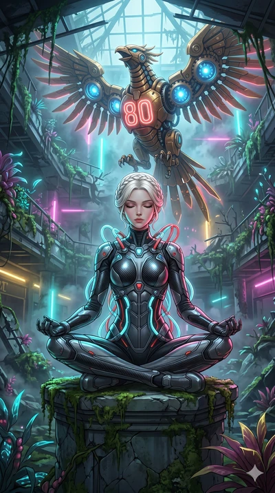 score_9, masterpiece, best quality, ultra-detailed, Set A: High-budget Anime Keyframe, Caucasian (human ears) woman. Low angle cowboy shot filling the entire 9:16 frame with her statuesque presence. Theme: Ethereal Dream. meditating in a ruined overg