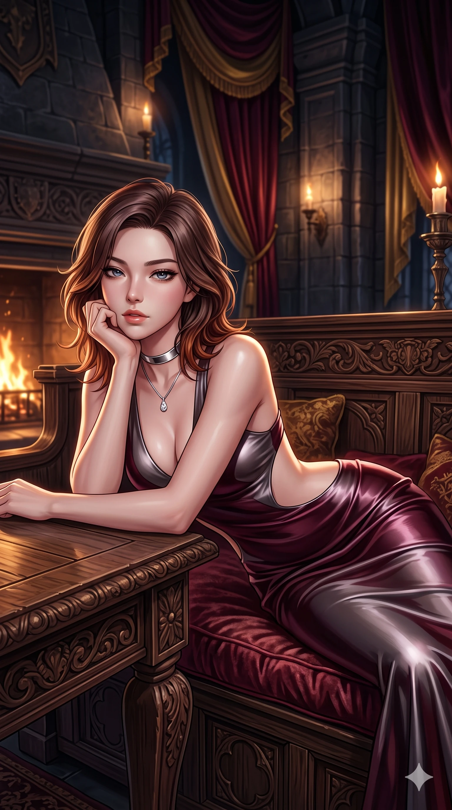 score_9, masterpiece, best quality, ultra-detailed, high-budget anime keyframe, semi-realistic 3D game render, editorial fashion photography, tasteful artistic composition, Korean woman. close-up cowboy shot from the waist and thighs up, the character dominates the composition, filling the frame with her large presence. resting one elbow on the table and supporting her chin, leaning close to the camera with heavy-lidded sparkling eyes and parted lips while reclining gracefully across the heavy velvet-cushioned inglenook bench with legs extended, displaying her long slender limbs and statuesque presence. The surrounding environment is rendered in vivid detail and crisp panoramic clarity: detailed anime keyframe lines, rich fabric textures, and monumental fortress craftsmanship in razor-sharp precision. She has an exceptionally elegant, slender, and willowy female figure with an ultra-slim waist, flat toned midriff, narrow ribcage, and sculpted feminine hips creating an alluring, slim hourglass silhouette without bulk. sharp v-shaped jawline, high-bridge nose, intricate jewel-like eyes with depth, thick eyelashes, glossy parted lips with a natural sheen, intensely captivating and seductive bedroom-eyes expression, flawlessly proportioned anatomical accuracy, strict slender model proportions, natural body alignment, perfectly sculpted long slender limbs, ultra-slim waistline, clean dynamic posture without body distortion. wearing a sculpted liquid-satin mermaid gown with an architectural open-waist cutout and bare spine in deep wine burgundy and brushed dark platinum, tailored from ultra-smooth duchess satin with a pearlescent sheen, finished with a minimalist chrome choker and a single teardrop diamond pendant, the precision-cut side openings and low-back scoop framing her graceful spine and the sensual sweep of her slim, toned hips. highly saturated vibrant anime colors, detailed shading with soft gradients, rich glossy textures, master piece, 9:16 ratio. highly saturated vibrant anime colors, detailed shading with soft gradients, rich glossy textures, high-contrast stereoscopic depth, volumetric dynamic lighting, master piece, 9:16 ratio