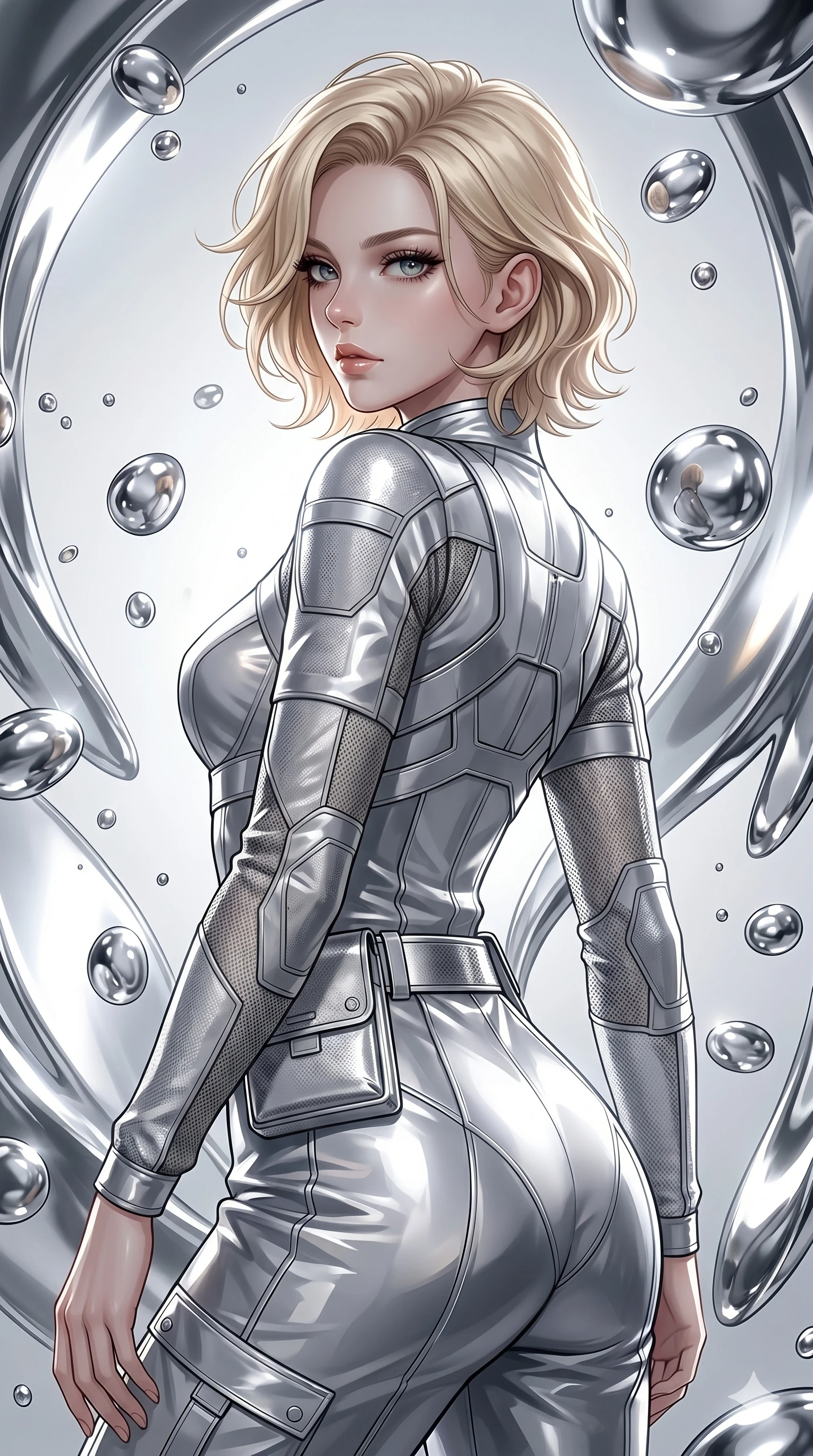 score_9, masterpiece, best quality, ultra-detailed, high-budget anime keyframe, Caucasian woman, strictly human ears. Upper body close-up from the thighs up, character filling the screen for maximum presence. She is surrounded by floating mercury droplets and curved abstract mirrors that warp space. She strikes a striking fashion pose, looking over her shoulder with glossy, natural lips. She has an absolutely perfect 8-heads proportion, a tall and elegant figure with a refined silhouette and a defined waistline. V-shaped jawline, high-bridge nose, intricate jewel-like eyes with depth, thick eyelashes, glossy lips with a natural sheen. She is wearing a high-fashion tech-jumpsuit featuring structured panel overlays across the torso and shoulders, accented by a metallic silver utility belt and textured fabric sleeves. The scene is bathed in highly reflective silver highlights and a stark white side studio light. 2k, ultra detail, master piece, 9:16 ratio