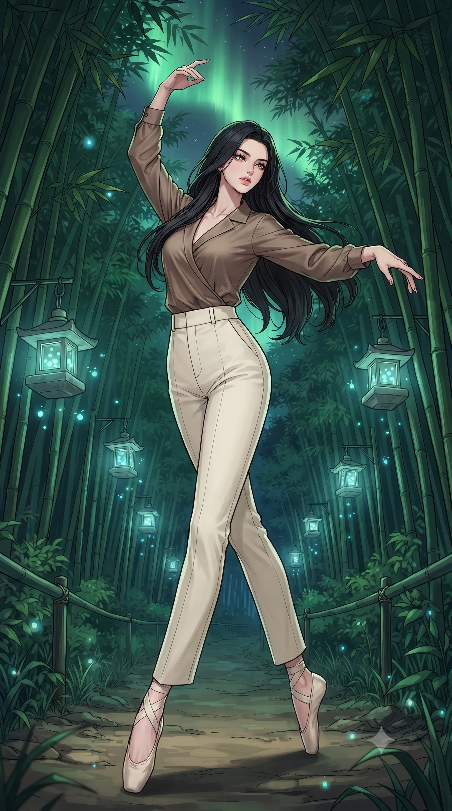 score_9, masterpiece, best quality, ultra-detailed, high-budget anime keyframe, gorgeous anime illustration, with clean line-art and distinct ink outlines, Korean woman. low angle full-body shot from head to toe showing her feet, filling the entire 9:16 vertical frame with her statuesque presence, stretching her vertical silhouette. twirling with balletic elegance inside walking along a path in a bamboo forest at night, illuminated by stone lanterns containing glowing blue fireflies, a green aurora borealis visible through the bamboo canopy. She has a statuesque 8.5-heads proportion, an exceptionally tall, slender and willowy model-like build with impossibly long legs and a highly sculpted ultra-slim waist. sharp v-shaped jawline, high-bridge nose, intricate jewel-like eyes with depth, thick eyelashes, glossy lips with a natural sheen. wearing a wrap-style silk blouse in a warm mocha shade, tucked into high-waisted ivory linen trousers. cool green aurora light from above combined with soft blue-green light from the firefly lanterns. 2k, ultra detail, master piece, 9:16 ratio, vibrant anime color palette, detailed cel-shading with soft gradients, rich contrast, dynamic lighting, 2d animation style