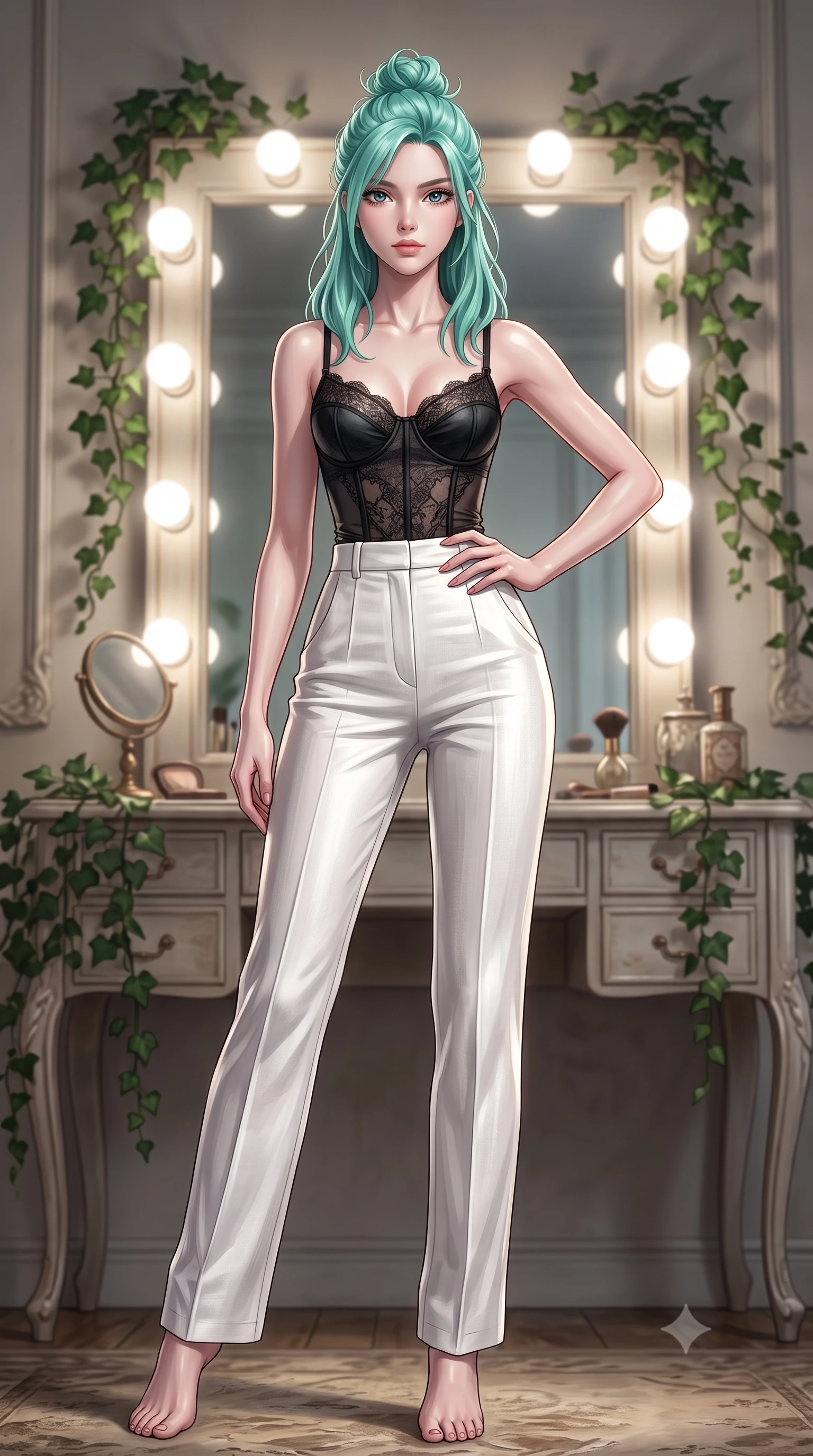 score_9, masterpiece, best quality, ultra-detailed, high-budget anime keyframe, editorial fashion photography, tasteful artistic composition, Japanese woman. low angle full-body shot from head to toe showing her feet, filling the entire 9:16 vertical frame with her statuesque presence, stretching her vertical silhouette. posing confidently with one hand on her hip, stretching her statuesque body to emphasize her curves the background shows a soft-focus a vintage vanity mirror corner decorated with climbing green ivy. She has an absolutely perfect, statuesque 8.5-heads proportion, an exceptionally tall and slender model-like female figure with impossibly long slender legs and an ultra-slim waist. sharp v-shaped jawline, high-bridge nose, intricate jewel-like eyes with depth, thick eyelashes, glossy lips with a natural sheen. wearing a body-hugging delicate lace corset top in black silk, paired with high-waisted white linen trousers. bright vanity spotlights casting detailed front lighting with soft back shadow. ultra-reflective glossy finish, specular highlights, metallic sheen, high-contrast stereoscopic depth, volumetric dynamic lighting, 2k, ultra detail, master piece, 9:16 ratio