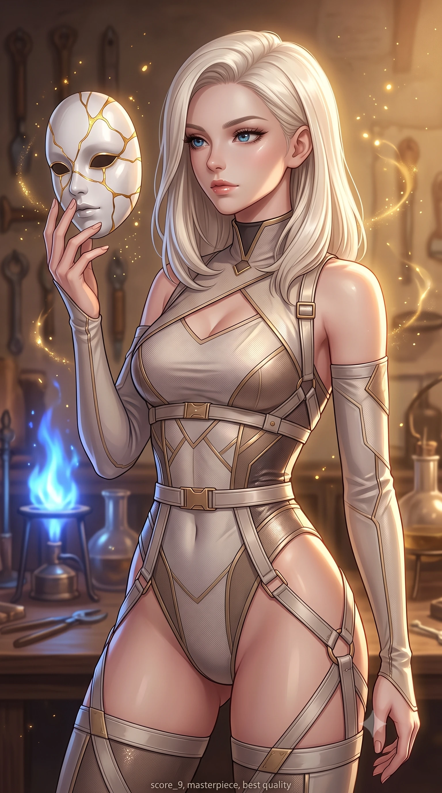 score_9, masterpiece, best quality, ultra-detailed, high-budget anime keyframe, editorial fashion photography, tasteful artistic composition, Caucasian woman. close-up cowboy shot from the waist and thighs up, the character dominates the composition, filling the frame with her large presence, background elements kept in soft focus. Gazing past the camera with an air of effortless elegance and mysterious confidence touching a floating porcelain doll mask repaired with radiant gold kintsugi lines, floating golden dust motes sparkling in the warm workshop air. She has an exceptionally elegant, slender, and willowy female figure with an ultra-slim waist, a gracefully sculpted slender torso, and a refined silhouette. sharp v-shaped jawline, high-bridge nose, intricate jewel-like eyes with depth, thick eyelashes, glossy lips with a natural sheen. wearing an asymmetrical high-cut tech-bodysuit with detached sleeves and waist-framing straps, the tailored fabric tightly following every curve of her athletic build. illuminated by a dramatic contrast of sapphire alchemy flames and warm golden glow. highly saturated vibrant anime colors, detailed shading with soft gradients, rich glossy textures, high-contrast stereoscopic depth, volumetric dynamic lighting, master piece, 9:16 ratio