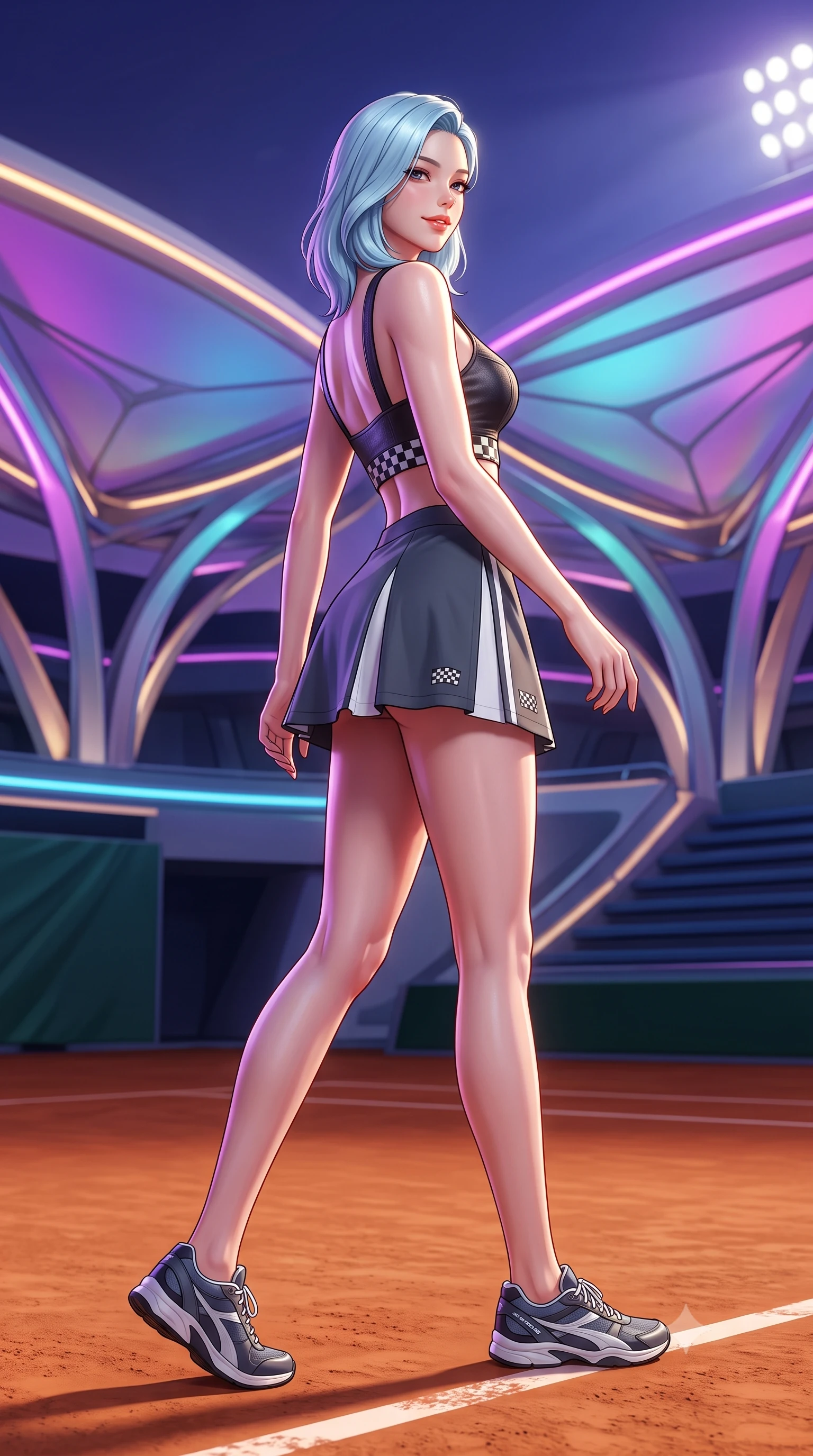 score_9, masterpiece, best quality, ultra-detailed, high-budget anime keyframe, semi-realistic 3D game render, editorial fashion photography, tasteful artistic composition, Korean woman. low angle full-body shot from head to toe showing her feet, filling the entire 9:16 vertical frame with her statuesque presence, stretching her vertical silhouette. walking slowly along the clay court baseline, looking back over her shoulder with an air of effortless grace and an alluring, smoldering smile while twisting her slender torso in an alluring S-curve, dynamic LED color shifts from the hotel canopy illuminating her tight racing outfit and hips. The surrounding environment is rendered in vivid detail and crisp panoramic clarity: detailed racing suit weave, LED reflections on skin, and futuristic Middle Eastern motorsport architecture in high resolution. She has an absolutely perfect, statuesque 8.5-heads proportion, an exceptionally tall and slender model-like female figure with impossibly long slender legs, an ultra-slim waist, a flat toned midriff, narrow delicate ribcage, and beautifully sculpted feminine hips creating a graceful, slim hourglass silhouette without any bulky heaviness. sharp v-shaped jawline, high-bridge nose, sparkling eyes with athletic focus and depth, thick curled eyelashes, glossy parted lips with a natural coral-peach sheen, bright confident and coquettish smile with alluring bedroom-eyes, exuding both youthful sporty vigor and sovereign high-society glamour, flawlessly proportioned anatomical accuracy, strict slender model proportions, natural body alignment, perfectly sculpted long slender limbs, ultra-slim waistline, clean dynamic posture without body distortion. wearing a chic leather bustier top with checkered flag trim paired with an ultra-short A-line tennis skirt in speedway charcoal slate and optic white accents, tailored from crisp cotton poplin with clean aerodynamic structural lines, finished with contrasting racing stripe tape and subtle checkered flag embroidery, the precision-cut side openings and low-back scoop framing her graceful spine and the sensual sweep of her slim, athletic hips. illuminated by track floodlight bounce and sharp violet-gold rim lights sculpting her razor-sharp jawline, narrow waist, and curvy hips. highly saturated vibrant anime colors, detailed shading with soft gradients, rich glossy textures, high-contrast stereoscopic depth, volumetric dynamic lighting, master piece, 9:16 ratio