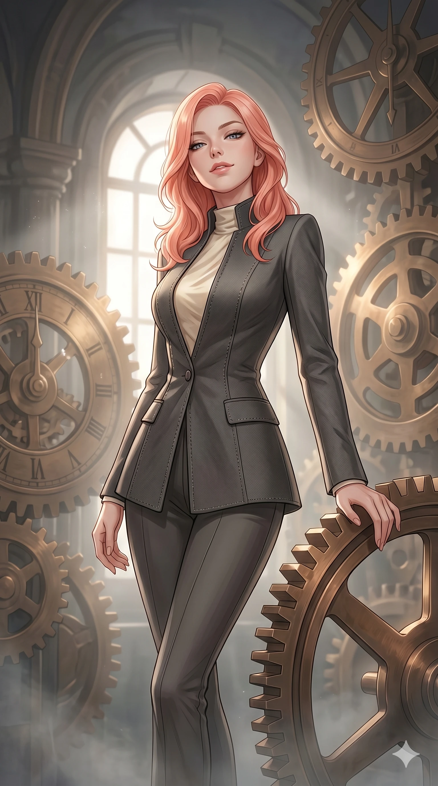 score_9, masterpiece, best quality, ultra-detailed, high-budget anime keyframe, editorial fashion photography, tasteful artistic composition, Japanese woman. cowboy shot from the thighs up, character and outfit filling the frame for maximum editorial presence. tilting her head back slightly, looking down with a cool, self-assured smile in an antique clock tower with massive turning bronze gears and dials (Code-P18-066). She has an absolutely perfect 8-heads proportion, an exceptionally tall and slender female figure with impossibly long slender legs and an ultra-slim waist. V-shaped jawline, high-bridge nose, intricate jewel-like eyes with depth, thick eyelashes, glossy lips with a natural sheen. wearing a tailored high-neck blazer over silk top. soft morning sunbeams filtering through the mist, creating a soft glowing atmosphere. 2k, ultra detail, master piece, 9:16 ratio