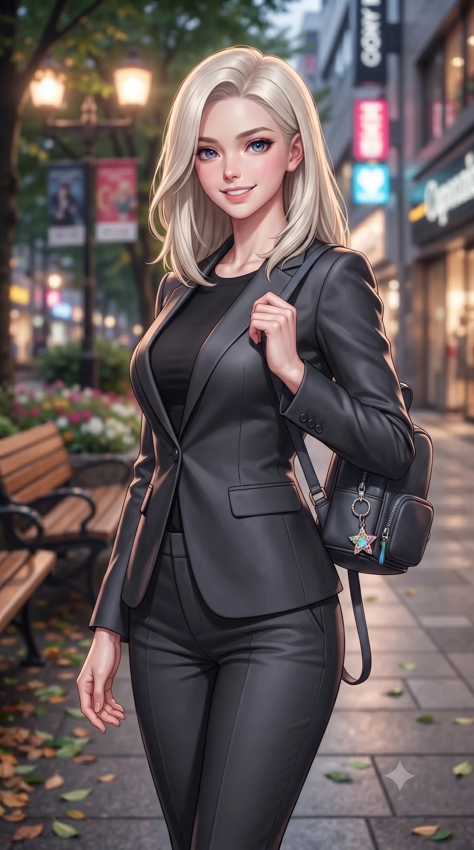 score_9, masterpiece, best quality, ultra-detailed, high-budget anime keyframe, editorial fashion photography, tasteful artistic composition, Caucasian woman. close-up cowboy shot from the waist and thighs up, the character dominates the composition, filling the frame with her large presence, background elements kept in soft focus. smiling with cute and bright self-assurance, looking directly at the viewer set against a soft-focus background of on a leafy shopping avenue with wooden benches and flower beds holding a cute key ring attached to her small backpack. She has an exceptionally elegant, slender, and willowy female figure with an ultra-slim waist, a gracefully sculpted slender torso, and a refined silhouette. sharp v-shaped jawline, high-bridge nose, intricate jewel-like eyes with depth, thick eyelashes, glossy lips with a natural sheen. wearing form-contouring tight-fitting tailored blazer in charcoal, closed over a body-hugging black top and slim trousers. vibrant streetlights and store signs casting dynamic highlights on her form. ultra-reflective glossy finish, specular highlights, metallic sheen, high-contrast stereoscopic depth, volumetric dynamic lighting, 2k, ultra detail, master piece, 9:16 ratio