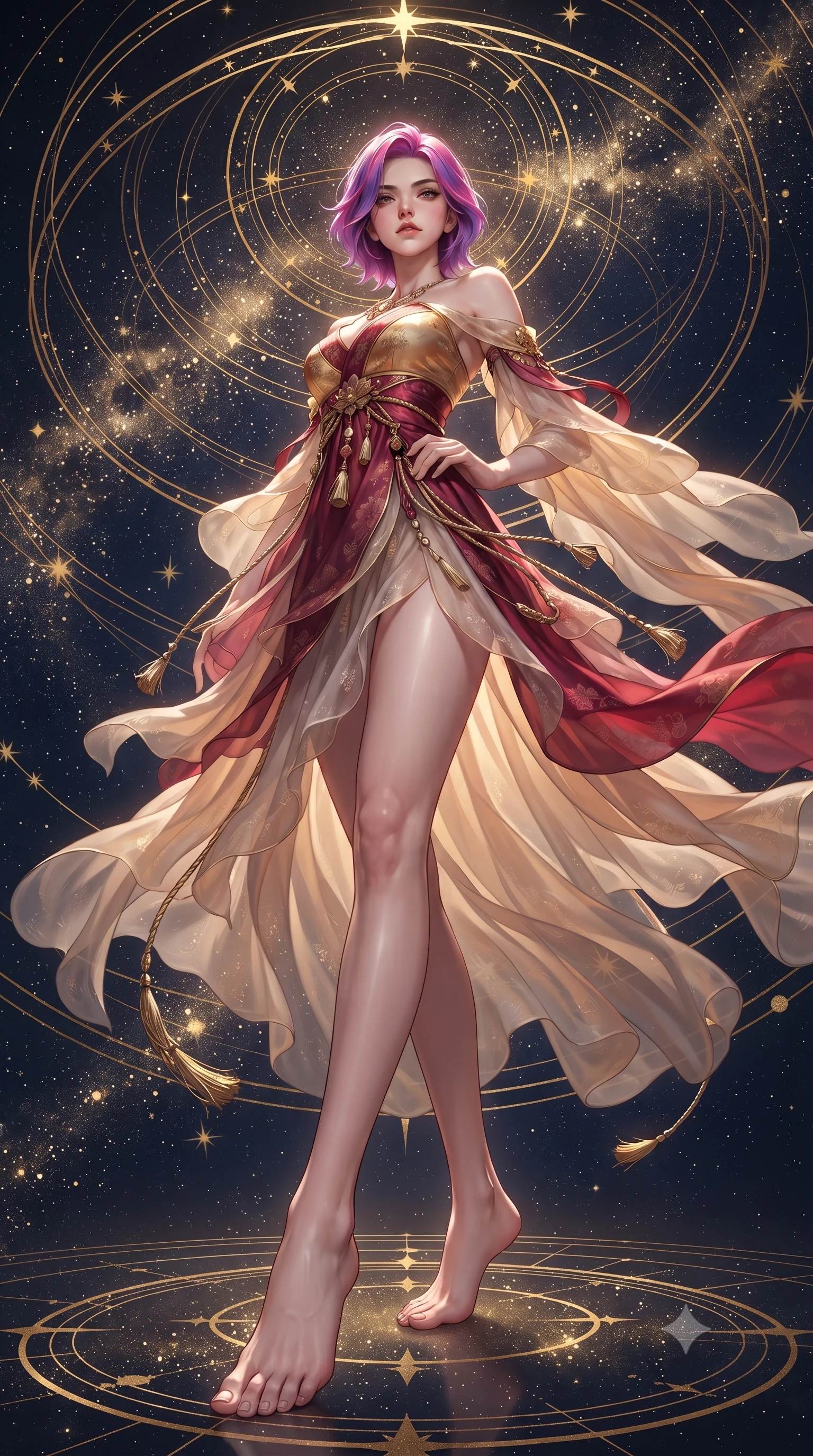 score_9, masterpiece, best quality, ultra-detailed, high-budget anime keyframe, editorial fashion photography, tasteful artistic composition, Caucasian woman. low angle full-body shot from head to toe showing her feet, filling the entire 9:16 vertical frame with her statuesque presence, stretching her vertical silhouette. standing poised with one hip cocked in an alluring high-fashion pose, her tall 8.5-heads proportions dominating the scene while hovering suspended in the center of a celestial star map with an indomitable, radiant gaze locking onto the viewer. The surrounding environment is rendered in vivid detail and crisp panoramic clarity. detailed golden star map rings, stardust cluster formations, and metallic jewelry accents in high clarity. She has an absolutely perfect, statuesque 8.5-heads proportion, an exceptionally tall and slender model-like female figure with impossibly long slender legs, a toned flat midriff, and an ultra-slim waist. sharp v-shaped jawline, high-bridge nose, intricate jewel-like eyes with depth, thick eyelashes, glossy lips with a natural sheen, captivating and magnetic expression, flawlessly proportioned anatomical accuracy, strict slender model proportions, natural body alignment, perfectly sculpted long slender limbs, ultra-slim waistline, clean dynamic posture without body distortion. wearing a celestial lotus-inspired layered chiffon gown with an exposed clavicle bodice in imperial gold and deep crimson silk, made of liquid-smooth silk satin with subtle floral jacquard, accessorized with delicate gold bell tassels and braided silk cords, the liquid-tight tailored fabric emphasizing every curve of her tall, slender model proportions and sculptured silhouette during dynamic movement. illuminated by crisp specular highlights tracing her ultra-slim waist, toned midriff, and long slender limbs. ultra-reflective glossy finish, specular highlights, rich textural contrasts, high-contrast stereoscopic depth, volumetric dynamic lighting, 2k, ultra detail, master piece, 9:16 ratio