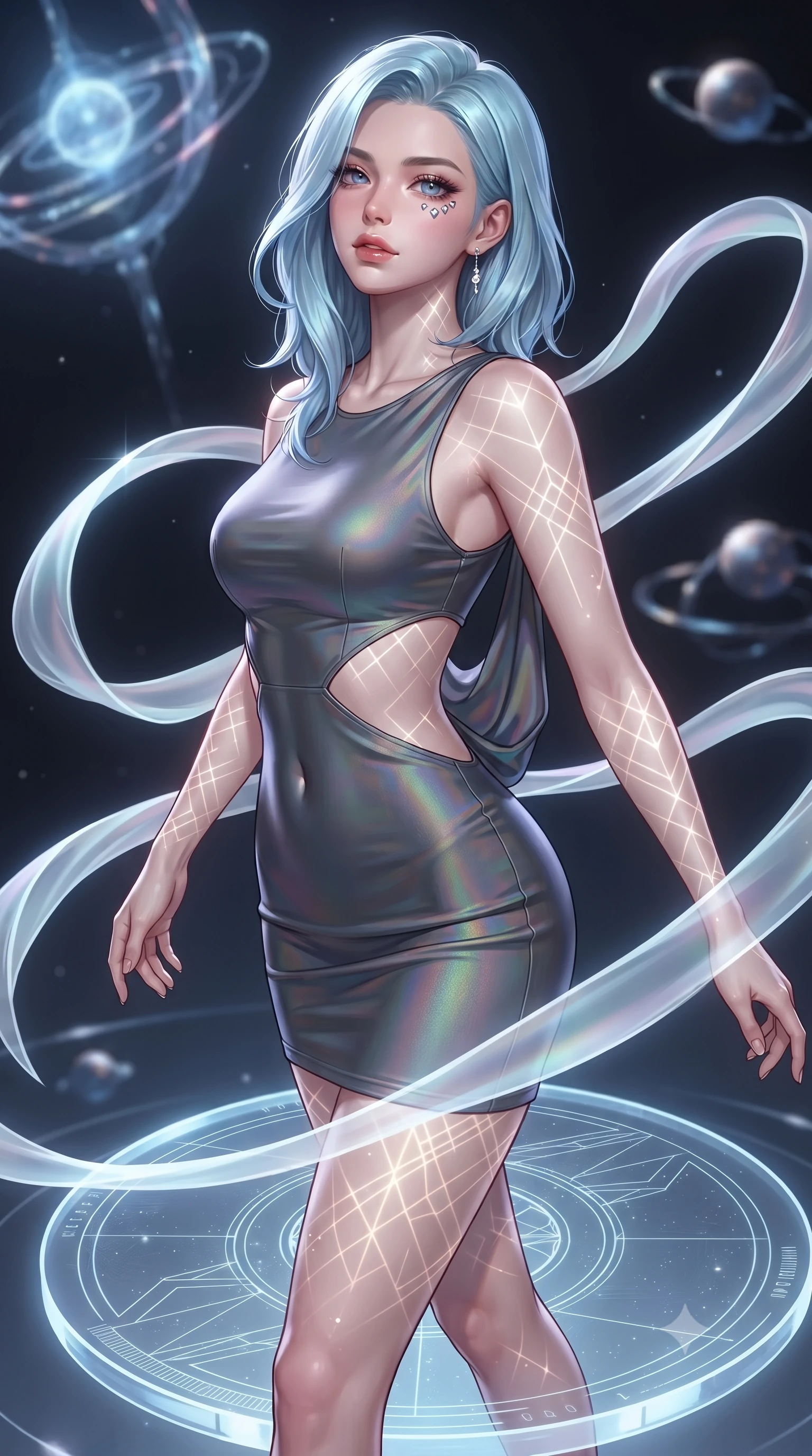 score_9, masterpiece, best quality, ultra-detailed, high-budget anime keyframe, editorial fashion photography, tasteful artistic composition, Korean woman. close-up cowboy shot from the waist and thighs up, the character dominates the composition, filling the frame with her large presence, background elements kept in soft focus. Tilting her chin up with an air of effortless superiority while balancing dynamically amidst the scene while balancing on a glowing glass disk while luminescent ribbons swirl in zero-gravity, intricate geometric lattice patterns of light projected onto her skin. She has an exceptionally elegant, slender, and willowy female figure with an ultra-slim waist, a gracefully sculpted slender torso, and a refined silhouette. sharp v-shaped jawline, high-bridge nose, intricate jewel-like eyes with depth, thick eyelashes, glossy lips with a natural sheen, flawlessly proportioned anatomical accuracy, natural body alignment, perfectly sculpted elegant limbs, clean dynamic posture without body distortion. wearing a precision-fitted liquid jersey bodycon dress with a graceful draped back in charcoal grey and platinum, crafted from iridescent chiffon that shifts colors in the light, featuring clean architectural cutouts along her slender torso, the form-contouring material highlighting her ultra-slim waist and long lines. bathed in sharp geometric laser grid highlights and soft ambient fill. ultra-reflective glossy finish, specular highlights, metallic sheen, high-contrast stereoscopic depth, volumetric dynamic lighting, 2k, ultra detail, master piece, 9:16 ratio