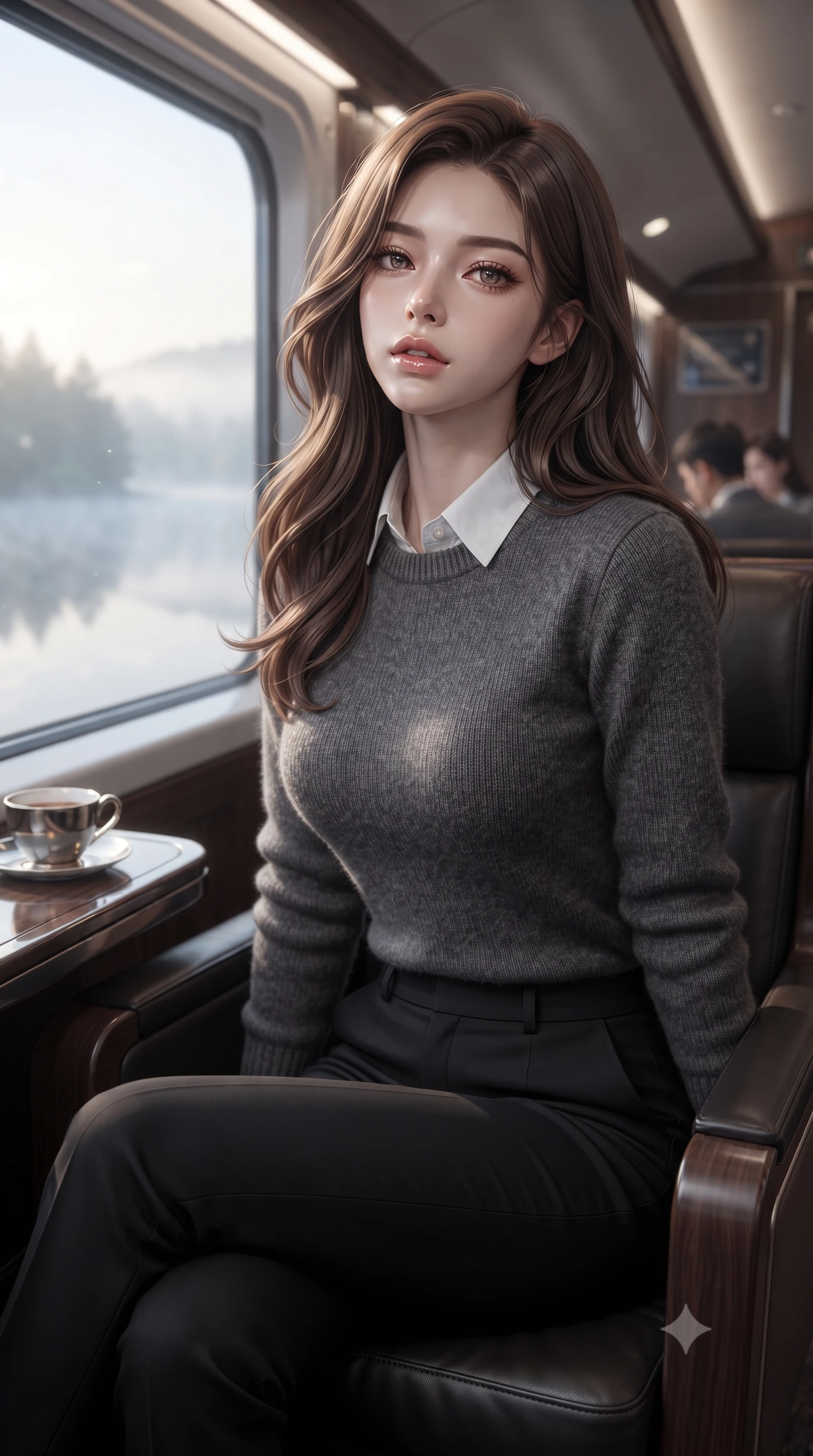 score_9, masterpiece, best quality, ultra-detailed, high-budget anime keyframe, editorial fashion photography, tasteful artistic composition, Korean woman. close-up cowboy shot from the waist and thighs up, the character dominates the composition, filling the frame with her large presence, background elements kept in soft focus. tilting her chin up slightly with lips parted in a composed, provocative expression the background shows a soft-focus the luxury lounge car of a high-speed train passing a misty lake at dawn. She has an exceptionally elegant, slender, and willowy female figure with an ultra-slim waist, a gracefully sculpted slender torso, and a refined silhouette. sharp v-shaped jawline, high-bridge nose, intricate jewel-like eyes with depth, thick eyelashes, glossy lips with a natural sheen. wearing a tailored cozy charcoal grey knit sweater over a white collared shirt and black slacks. soft morning mist diffusing the sunlight, creating a tranquil atmosphere. ultra-reflective glossy finish, specular highlights, metallic sheen, high-contrast stereoscopic depth, volumetric dynamic lighting, 2k, ultra detail, master piece, 9:16 ratio
