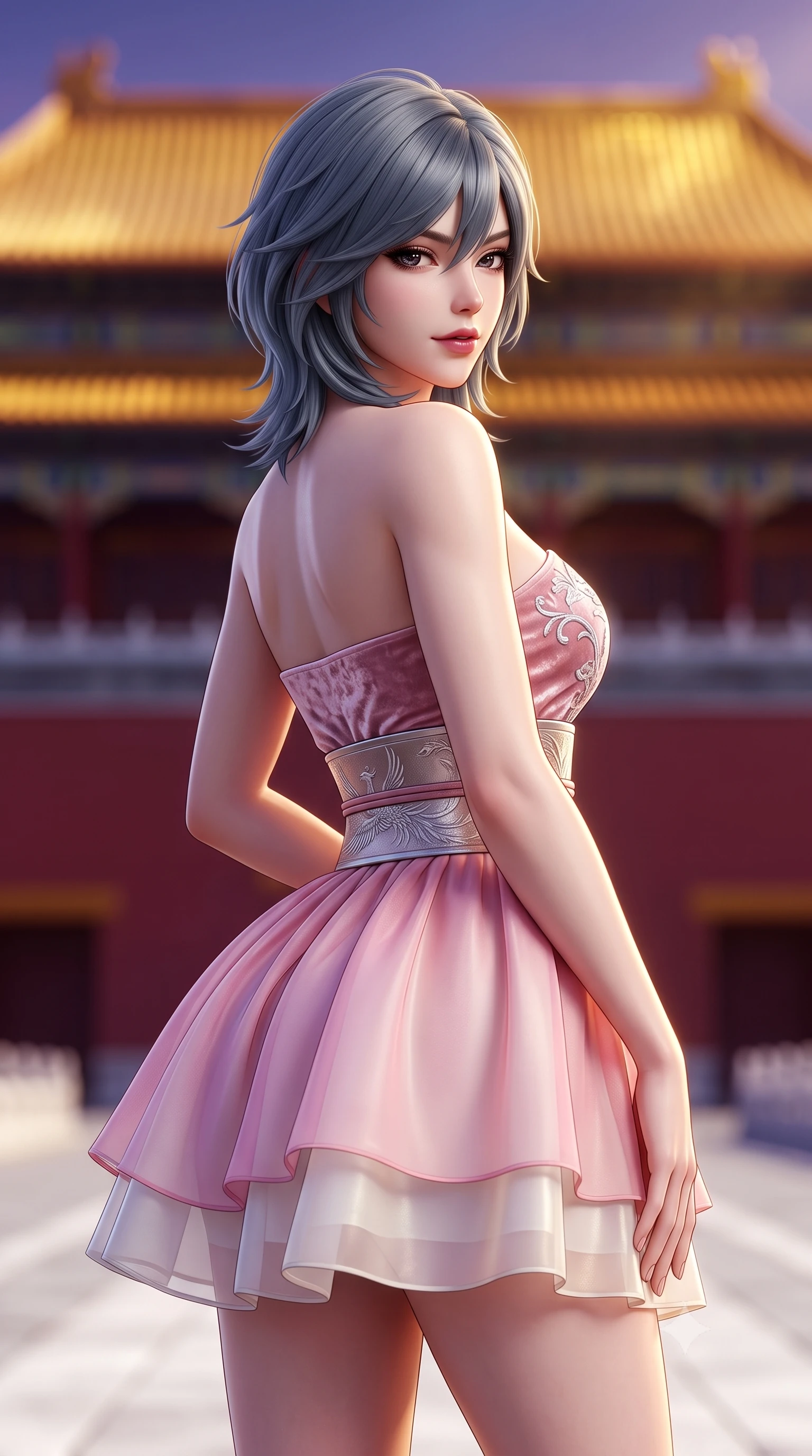 score_9, masterpiece, best quality, ultra-detailed, high-budget anime keyframe, semi-realistic 3D game render, editorial fashion photography, tasteful artistic composition, Caucasian woman. close-up cowboy shot from the waist and thighs up, the character dominates the composition, filling the frame with her large presence. posing in an alluring rear three-quarter angle, turning over a bare shoulder with an intoxicating gaze, her hips cocked back to highlight her slim hourglass curve while twisting her slender torso in an alluring contrapposto stance, twilight golden rays reflecting off imperial yellow glazed roof tiles onto her curves. The background shows a soft-focus the colossal Meridian Gate red walls and sweeping imperial yellow glazed roofs blurred into deep vermilion, ochre gold, and twilight violet bokeh. She has an exceptionally elegant, slender, and willowy female figure with an ultra-slim waist, flat toned midriff, narrow ribcage, and sculpted feminine hips creating an alluring, slim hourglass silhouette without bulk. sharp v-shaped jawline, high-bridge nose, intricate jewel-like dark sparkling almond eyes with depth, thick lashes, glossy parted lips with a natural rose-plum sheen, bright alluring and coquettish smile with bedroom-eyes, exuding both timeless oriental elegance and sovereign high-fashion allure, flawlessly proportioned anatomical accuracy, strict slender model proportions, natural body alignment, perfectly sculpted long slender limbs, ultra-slim waistline, clean dynamic posture without body distortion. wearing a modern halter-neck fusion hanbok bodice with delicate silver embroidery and a fluttering layered chiffon wrap mini skirt in soft cherry blossom pink and pearlescent ivory, crafted from sumptuous crushed winter velvet with deep light-absorbing plushness, finished with a wide metallic obi sash with intricate embroidered phoenix motifs, the form-fitting tailored bodice adhering flawlessly to her sculpted flat midriff and slender torso, emphasizing her long leg lines and perfectly proportioned willowy build. illuminated by white marble ground bounce and sharp imperial-gold rim lighting defining her razor-sharp jawline, narrow waist, and curvy hips. highly saturated vibrant anime colors, detailed shading with soft gradients, rich glossy textures, high-contrast stereoscopic depth, volumetric dynamic lighting, master piece, 9:16 ratio