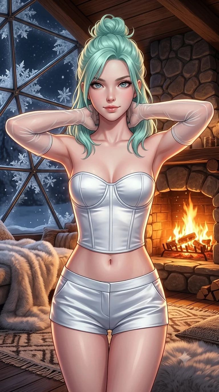 score_9, masterpiece, best quality, ultra-detailed, high-budget anime keyframe, semi-realistic 3D game render, editorial fashion photography, tasteful artistic composition, Japanese woman. close-up cowboy shot from the waist and thighs up, the character dominates the composition, filling the frame with her large presence. resting both hands lightly behind her neck with elbows raised, arching her spine to highlight her narrow waist, flat midriff, and breathtaking collarbones while resting both hands lightly behind her neck with elbows raised before the fireplace, arching her spine to highlight her narrow waist and flat midriff. The surrounding environment is rendered in vivid detail and crisp panoramic clarity: sharp geodesic steel frame nodes, snow crystal facets clinging to heated exterior glass panes, and plush polar faux-fur fibers in deep focus. She has an exceptionally elegant, slender, and willowy female figure with an ultra-slim waist, flat toned midriff, narrow ribcage, and sculpted feminine hips creating an alluring, slim hourglass silhouette without bulk. sharp v-shaped jawline, high-bridge nose, sparkling eyes with hypnotic seductive depth, thick curled eyelashes, glossy parted lips with a natural dewy peach sheen, alluring bedroom-eyes with an enchanting coquettish smile, exuding magnetic siren charisma and sophisticated glamour, flawlessly proportioned anatomical accuracy, strict slender model proportions, natural body alignment, perfectly sculpted long slender limbs, ultra-slim waistline, clean dynamic posture without body distortion. wearing a strapless boned satin corset bodice paired with low-waisted tailored satin hot-pants in arctic frost white and icy platinum, woven from ultra-luxurious 40mm heavy mulberry silk charmeuse that falls in rich liquid folds, complemented by sheer opera-length evening gloves tracing her slender arms, the form-contouring silhouette accentuating her sculpted flat midriff, narrow delicate ribcage, and gracefully curvy hips with intoxicating allure. illuminated by hearth reflection bounce and sharp warm-gold rim lights defining her delicate clavicles, ultra-slim waist, and curvy hips. highly saturated vibrant anime colors, detailed shading with soft gradients, rich glossy textures, high-contrast stereoscopic depth, volumetric dynamic lighting, master piece, 9:16 ratio