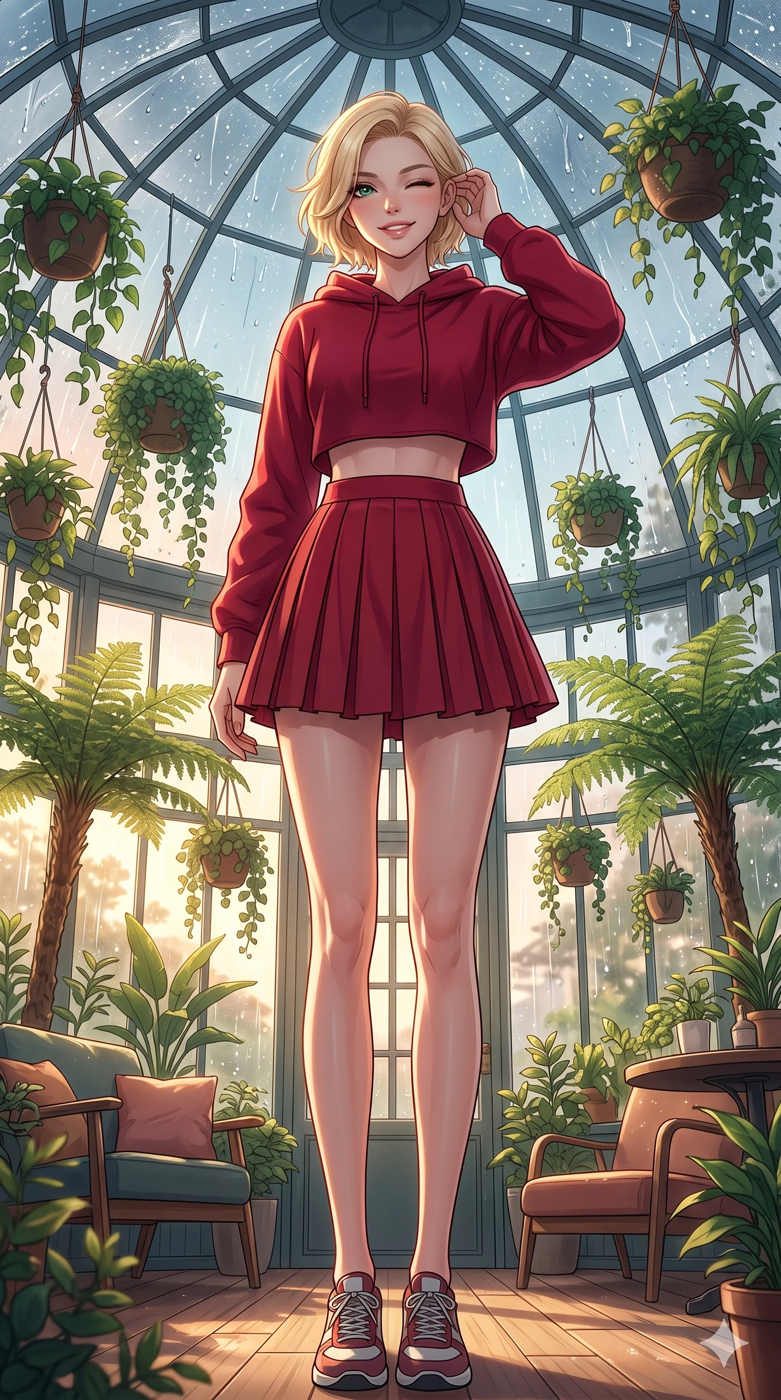 score_9, masterpiece, best quality, ultra-detailed, high-budget anime keyframe, vibrant anime aesthetic, Caucasian woman, strictly human ears. low angle full-body shot from head to toe showing her feet, filling the entire 9:16 vertical frame with her statuesque presence, stretching her vertical silhouette. She is smiling delightfully while tucking a lock of hair behind her ear, gazing at the camera with sparkling eyes under the glass conservatory dome. inside a spacious greenhouse cafe filled with hanging plants, where rain drums softly on the glass roof panels (Code-P22-046). She has an absolutely perfect 8-heads proportion, an exceptionally tall and slender female figure with impossibly long slender legs and an ultra-slim waist. V-shaped jawline, high-bridge nose, intricate jewel-like eyes with depth, thick eyelashes, glossy lips with a natural sheen. wearing a cropped hoodie paired with a high-waisted pleated tennis skirt in deep crimson. She is bathed in soft, glowing golden hour sun casting long, elegant shadows, highlighting her winking face and glossy lips in the cozy indoor garden. 2k, ultra detail, master piece, 9:16 ratio