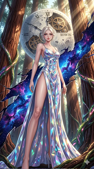 score_9, masterpiece, best quality, ultra-detailed, Set A: High-budget Anime Keyframe, Korean woman. Low angle cowboy shot filling the entire 9:16 frame with her statuesque presence. Theme: Abstract Cosmic. shattering the fabric of reality in a giant
