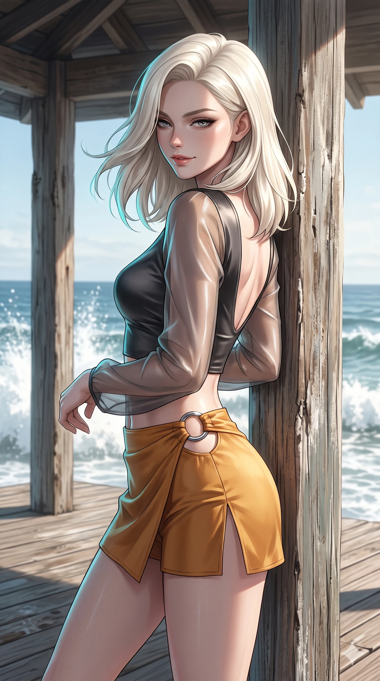 score_9, masterpiece, best quality, ultra-detailed, high-budget anime keyframe, editorial fashion photography, tasteful artistic composition, Caucasian woman. close-up cowboy shot from the waist and thighs up, the character dominates the composition, filling the frame with her large presence. turning slowly with an enchanting smoldering smile, her glossy hair tossing in the breeze as her hips angle gracefully in a captivating contrapposto while leaning against the weathered wooden pillar with hips cocked back, looking out into the crashing ocean waves with smoldering bedroom-eyes. The surrounding environment is rendered in vivid detail and crisp panoramic clarity: detailed liquid metallic lamé plunge jumpsuit cling, side cutouts, and coastal timber architecture in razor-sharp precision. She has an exceptionally elegant, slender, and willowy female figure with an ultra-slim waist, flat toned midriff, narrow ribcage, and sculpted feminine hips creating an alluring, slim hourglass silhouette without bulk. sharp v-shaped jawline, high-bridge nose, sparkling eyes with hypnotic seductive depth, thick curled eyelashes, glossy parted lips with a natural dewy peach sheen, alluring bedroom-eyes with an enchanting coquettish smile, exuding magnetic siren charisma and sophisticated glamour, flawlessly proportioned anatomical accuracy, strict slender model proportions, natural body alignment, perfectly sculpted long slender limbs, ultra-slim waistline, clean dynamic posture without body distortion. wearing a liquid-look silk satin jeogori crop top with low-back scoop paired with high-slit wrap mini shorts in smoked agarwood charcoal and warm honey amber, crafted from delicate semi-sheer Korean gossamer organza with subtle pearlescent glints, accented with sculptural chrome hardware rings framing the subtle cutouts, the precision-cut side openings and low-back scoop framing her graceful spine and the sensual sweep of her slim, toned hips. illuminated by ocean surf seafoam bounce and sharp cyan-platinum rim lights sculpting her razor-sharp jawline, narrow waist, and curvy hips. ultra-reflective glossy finish, specular highlights, rich textural contrasts, high-contrast stereoscopic depth, volumetric dynamic lighting, 2k, ultra detail, master piece, 9:16 ratio