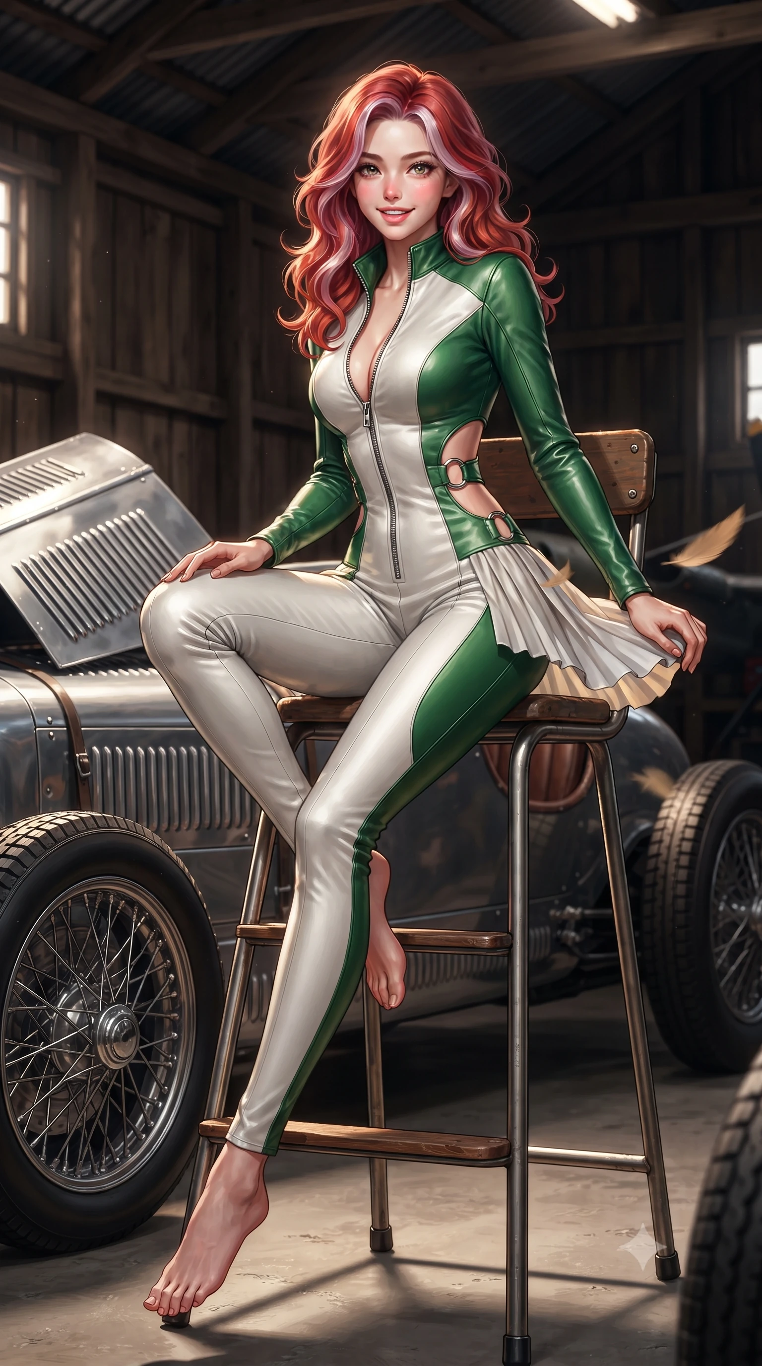 score_9, masterpiece, best quality, ultra-detailed, high-budget anime keyframe, editorial fashion photography, tasteful artistic composition, Caucasian woman. low angle full-body shot from head to toe showing her feet, filling the entire 9:16 vertical frame with her statuesque presence, stretching her vertical silhouette. sitting perched on the elevated umpire chair with legs crossed and hips angled toward the camera, displaying her toned midriff and long slender limbs with joyful, coquettish charm while twisting her slender torso in an alluring S-curve in the paddock lane, warm propeller plane slipstreams fluttering her pleated skirt around her hips. The surrounding environment is rendered in vivid detail and crisp panoramic clarity: sharp wire-spoke wheel spokes, louvred aluminum bonnet panels, and rough-sawn timber hangar textures in deep focus. She has an absolutely perfect, statuesque 8.5-heads proportion, an exceptionally tall and slender model-like female figure with impossibly long slender legs, an ultra-slim waist, a flat toned midriff, narrow delicate ribcage, and beautifully sculpted feminine hips creating a graceful, slim hourglass silhouette without any bulky heaviness. sharp v-shaped jawline, high-bridge nose, sparkling eyes with athletic focus and depth, thick curled eyelashes, glossy parted lips with a natural coral-peach sheen, bright confident and coquettish smile with alluring bedroom-eyes, exuding both youthful sporty vigor and sovereign high-society glamour, flawlessly proportioned anatomical accuracy, strict slender model proportions, natural body alignment, perfectly sculpted long slender limbs, ultra-slim waistline, clean dynamic posture without body distortion. wearing an ultra-tight form-contouring racing leather catsuit in two-tone white and British racing green with a deep-plunging zip neck in crisp Wimbledon white and British racing green with gold accents, crafted from supple buttery lambskin racing leather with a satin sheen, finished with sharp laser-cut side ventilation cutouts framed by chrome rings, the form-fitting tailored bodice adhering flawlessly to her sculpted flat midriff and slender torso, emphasizing her long leg lines and perfectly proportioned willowy build. illuminated by polished aluminum car reflections and sharp golden rim lights sculpting her razor-sharp jawline, narrow waist, and curvy hips. ultra-reflective glossy finish, specular highlights, rich textural contrasts, high-contrast stereoscopic depth, volumetric dynamic lighting, 2k, ultra detail, master piece, 9:16 ratio