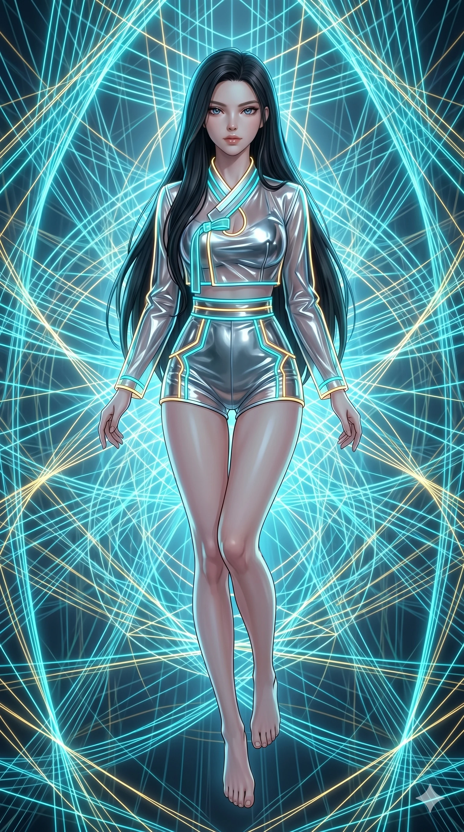 score_9, masterpiece, best quality, ultra-detailed, high-budget anime keyframe, Japanese woman. upper body close-up from the thighs up, character filling the screen for maximum presence. floating suspended in an ethereal loom room where millions of luminescent cyan and gold threads intersect and weave geometric patterns. She has an absolutely perfect 8-heads proportion, an exceptionally tall and slender female figure with impossibly long slender legs and an ultra-slim waist. V-shaped jawline, high-bridge nose, intricate jewel-like eyes with depth, thick eyelashes, glossy lips with a natural sheen.. wearing a vinyl liquid mercury fusion hanbok, featuring a translucent chrome-silver vinyl jeogori and high-waist micro-shorts, detailed with glowing neon wire trims and a tasteful chest slit. bathed in brilliant cinematic volumetric lighting and intense neon rim light highlighting her slender form. 2k, ultra detail, master piece, 9:16 ratio