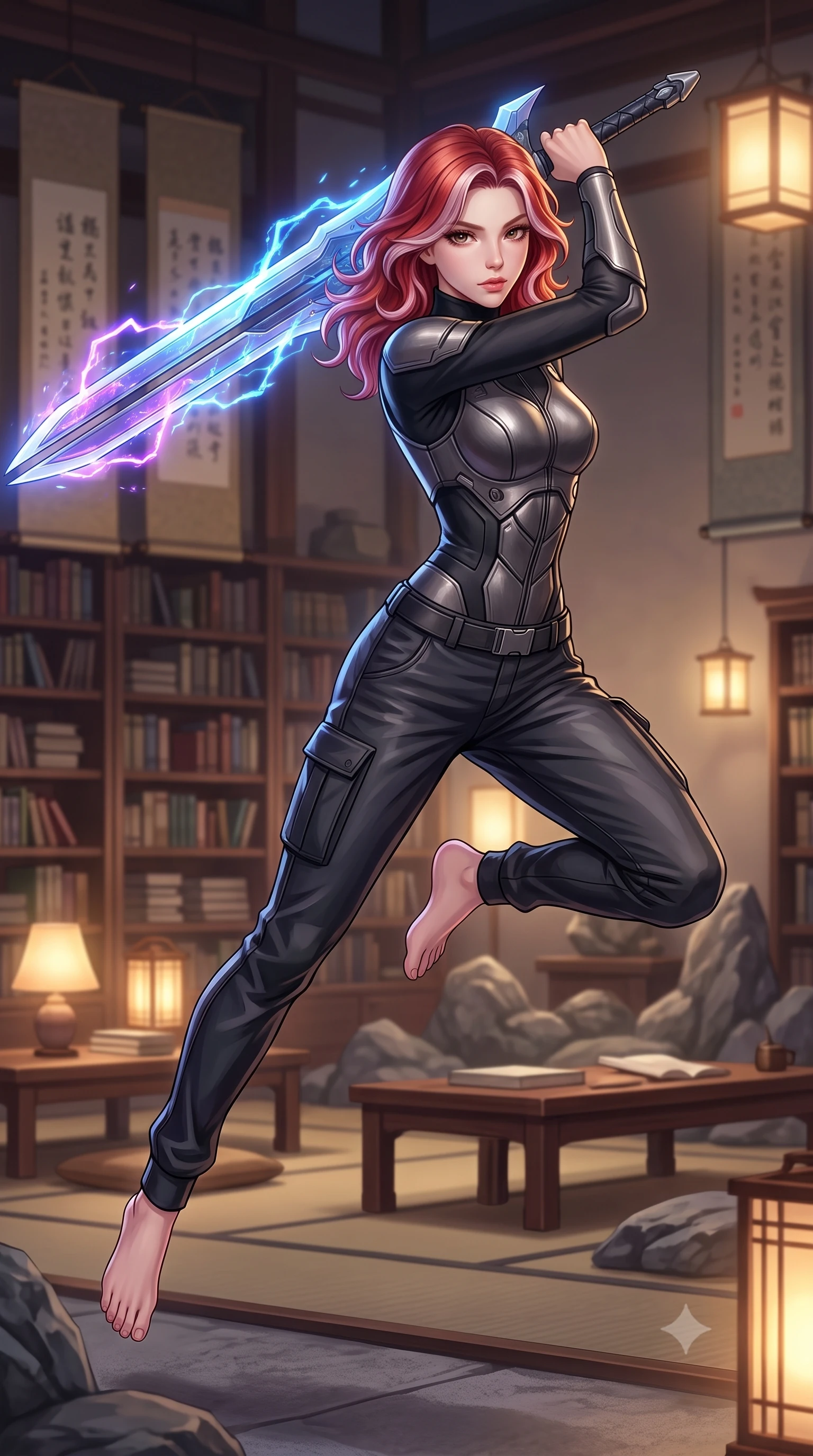 score_9, masterpiece, best quality, ultra-detailed, high-budget anime keyframe, editorial fashion photography, tasteful artistic composition, Caucasian woman. low angle full-body shot from head to toe showing her feet, filling the entire 9:16 vertical frame with her statuesque presence, stretching her vertical silhouette. leaping forward while slashing with a twin-bladed plasma sword in mid-air, her body-contouring suit showing her athletic silhouette, the background shows a soft-focus a rock garden library room with bookshelves, scrolls, and low tables. She has an absolutely perfect, statuesque 8.5-heads proportion, an exceptionally tall and slender model-like female figure with impossibly long slender legs and an ultra-slim waist. sharp v-shaped jawline, high-bridge nose, intricate jewel-like eyes with depth, thick eyelashes, glossy lips with a natural sheen. wearing a body-hugging tailored high-collar carbon-plated tactical vest worn over a high-neck protective utility undershirt and reinforced cargo pants. soft warm reading lights creating a quiet, focused, and meditative mood. highly saturated vibrant anime colors, detailed shading with soft gradients, rich glossy textures, high-contrast stereoscopic depth, volumetric dynamic lighting, master piece, 9:16 ratio