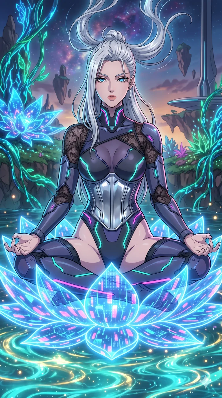 score_9, masterpiece, best quality, ultra-detailed, High-budget Anime Keyframe, vibrant colors, fluid line-art, expressive lighting, cinematic composition, Ufotable-style visual effects, top-tier animation quality, Caucasian woman with pale skin and refined features. Upper body close-up from the thighs up, character filling the screen for maximum presence. Meditating atop a massive digital lotus blossom that floats on a pond of liquid light. She has an absolutely perfect 8-heads proportion, an exceptionally tall and slender female figure with impossibly long slender legs and an ultra-slim waist, her statuesque height and towering silhouette dominating the vertical 9:16 frame. Her face is a masterpiece featuring a sharp v-shaped jawline, high-bridge nose, intricate jewel-like eyes with depth, thick eyelashes, and glossy lips with a natural sheen. She is wearing a Asymmetrical high-cut tech-bodysuit with detached sleeves, chrome-plated corset over sheer lace, and neon-lit tactical gear with suggestive cutouts.. The scene is set in a floating island covered in giant glowing flowers and vines of pure energy. 2k, ultra detail, master piece, 9:16 ratio