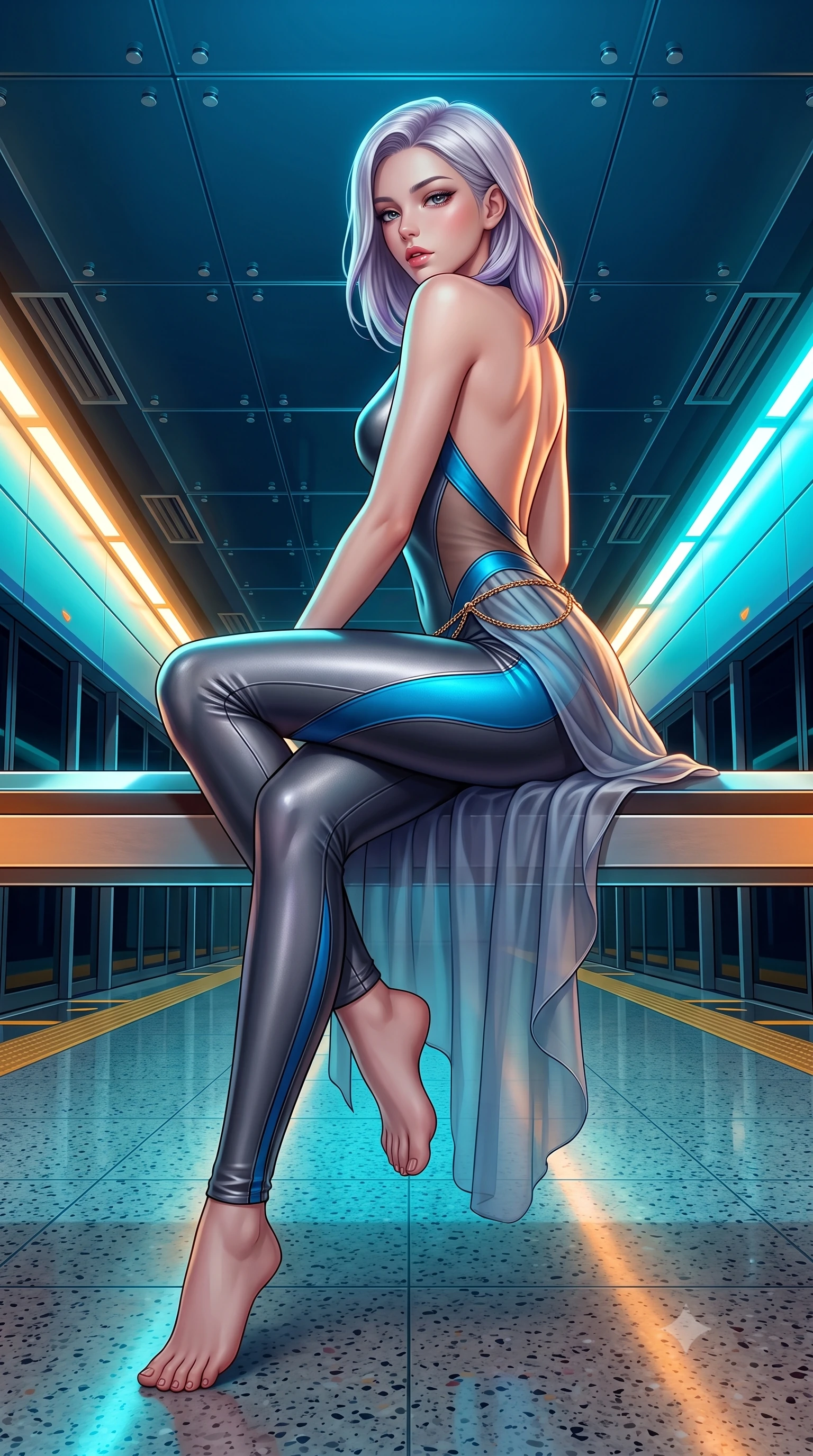 score_9, masterpiece, best quality, ultra-detailed, high-budget anime keyframe, semi-realistic 3D game render, editorial fashion photography, tasteful artistic composition, Caucasian woman. low angle full-body shot from head to toe showing her feet, filling the entire 9:16 vertical frame with her statuesque presence, stretching her vertical silhouette. sitting perched on the elevated edge with hips angled toward the camera and legs crossed, displaying her toned midriff and flawlessly sculpted slender limbs while turning in an alluring contrapposto stance as her sleek speedsuit clings to her form, looking back over a bare shoulder with parted glossy lips. The surrounding environment is rendered in vivid detail and crisp panoramic clarity. sharp platform edge safety lines, polished terrazzo floor reflections, and acrylic ceiling bolt joints in deep focus. She has an exceptionally tall and slender model-like 8.5-heads proportion, an ultra-slim waist, a flat toned midriff, narrow delicate ribcage, and beautifully sculpted feminine hips creating a graceful, slim hourglass silhouette without any bulky heaviness, with impossibly long slender legs. sharp v-shaped jawline, high-bridge nose, intricate jewel-like eyes with depth, thick eyelashes, glossy parted lips with a natural sheen, intensely captivating and seductive bedroom-eyes expression, flawlessly proportioned anatomical accuracy, strict slender model proportions, natural body alignment, perfectly sculpted long slender limbs, ultra-slim waistline, clean dynamic posture without body distortion. wearing a second-skin compression catsuit with an open back and sheer mesh side waist contouring in metallic gunmetal and electric azure, woven from layered gossamer chiffon with a weightless sweeping drape, accented with a delicate gold chain belt resting loosely on her curvy hips, the dramatically scooped open back descending to the base of her spine, accentuating her razor-sharp statuesque lines and slim hourglass silhouette. bathed in high-contrast cyan and amber track edge lights contrasting with deep ocean blue overhead ambient glow. highly saturated vibrant anime colors, detailed shading with soft gradients, rich glossy textures, high-contrast stereoscopic depth, volumetric dynamic lighting, master piece, 9:16 ratio
