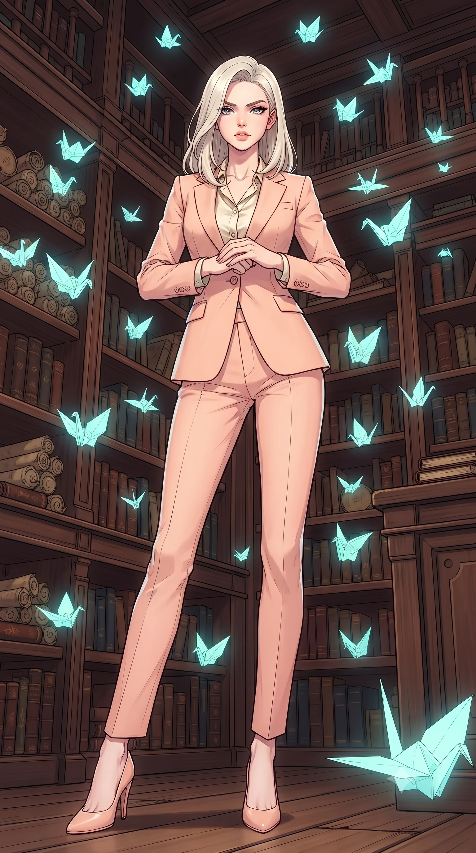 score_9, masterpiece, best quality, ultra-detailed, high-budget anime keyframe, gorgeous anime illustration, with clean line-art and distinct ink outlines, Caucasian woman, strictly human ears. low angle full-body shot from head to toe showing her feet, filling the entire 9:16 vertical frame with her statuesque presence, stretching her vertical silhouette. striking a commanding pose within in a traditional wooden library filled with old scrolls and books, where hundreds of origami paper cranes made of light float and flutter in the air like magical butterflies. She has a statuesque 8.5-heads proportion, an exceptionally tall, slender and willowy model-like build with impossibly long legs and a highly sculpted ultra-slim waist. sharp v-shaped jawline, high-bridge nose, intricate jewel-like eyes with depth, thick eyelashes, glossy lips with a natural sheen. wearing a tailored pastel peach pantsuit with a single button, worn over a cream silk blouse. soft aqua bioluminescent light making her skin luminously glow against darkness. 2k, ultra detail, master piece, 9:16 ratio, vibrant anime color palette, detailed cel-shading with soft gradients, rich contrast, dynamic lighting, 2d animation style