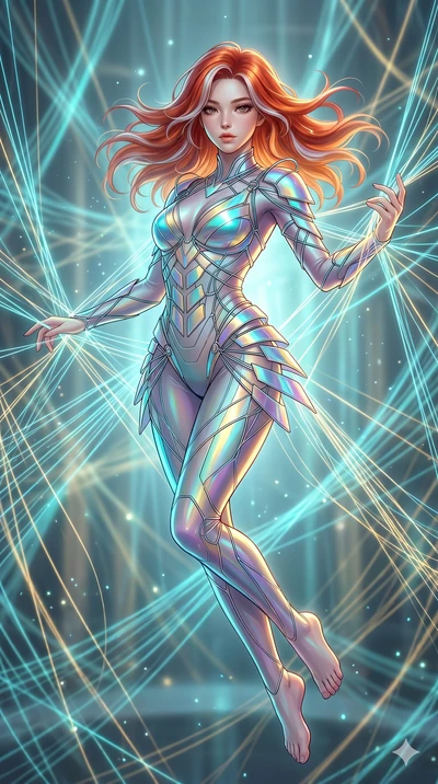 score_9, masterpiece, best quality, ultra-detailed, high-budget anime keyframe, Korean woman. upper body close-up from the thighs up, character filling the screen for maximum presence. floating suspended in an ethereal loom room where millions of lum