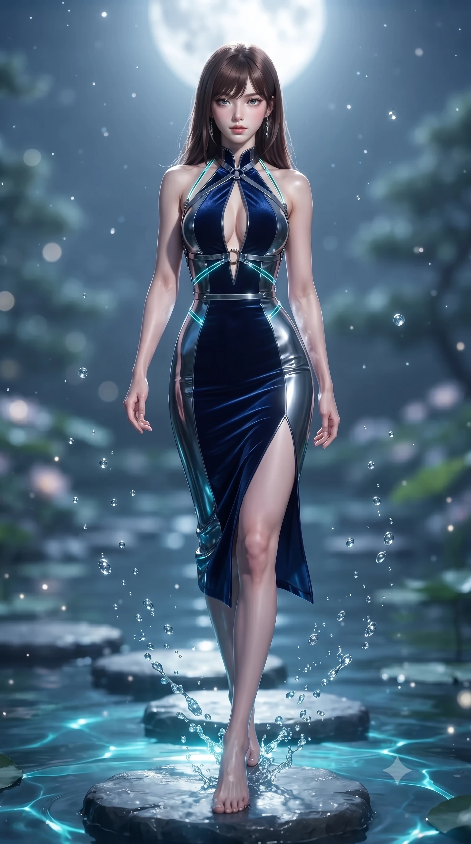 score_9, masterpiece, best quality, ultra-detailed, high-budget anime keyframe, editorial fashion photography, tasteful artistic composition, Korean woman. low angle full-body shot from head to toe showing her feet, filling the entire 9:16 vertical frame with her statuesque presence, stretching her vertical silhouette. striding forward in a proud, statuesque motion with a dangerous smolder, her vertical silhouette dominating the frame from head to toe while pivoting dynamically on a submerged stepping stone as water droplets sparkle like pearls in mid-air. The composition keeps background elements in soft focus with creamy bokeh. sparkling moonlit water droplets scattering gentle starlight motes across a serene backdrop. She has an absolutely perfect, statuesque 8.5-heads proportion, an exceptionally tall and slender model-like female figure with impossibly long slender legs, a toned flat midriff, and an ultra-slim waist. sharp v-shaped jawline, high-bridge nose, intricate jewel-like eyes with depth, thick eyelashes, glossy lips with a natural sheen, flawlessly proportioned anatomical accuracy, strict slender model proportions, natural body alignment, perfectly sculpted long slender limbs, ultra-slim waistline, clean dynamic posture without body distortion. wearing a velvet halter-neck midi dress fitting her statuesque contour flawlessly with a Tasteful chest slit and open spine in deep royal navy blue and specular chrome, formed from high-gloss patent material with specular light reflections, reinforced by a sleek metallic chrome harness and delicate glowing micro-straps, the sleek second-skin cut tightly hugging her graceful clavicle, narrow waist, and feminine curves with athletic precision. bathed in brilliant silver moonlight backlighting and glowing cyan water refractions. ultra-reflective glossy finish, specular highlights, metallic sheen, high-contrast stereoscopic depth, volumetric dynamic lighting, 2k, ultra detail, master piece, 9:16 ratio