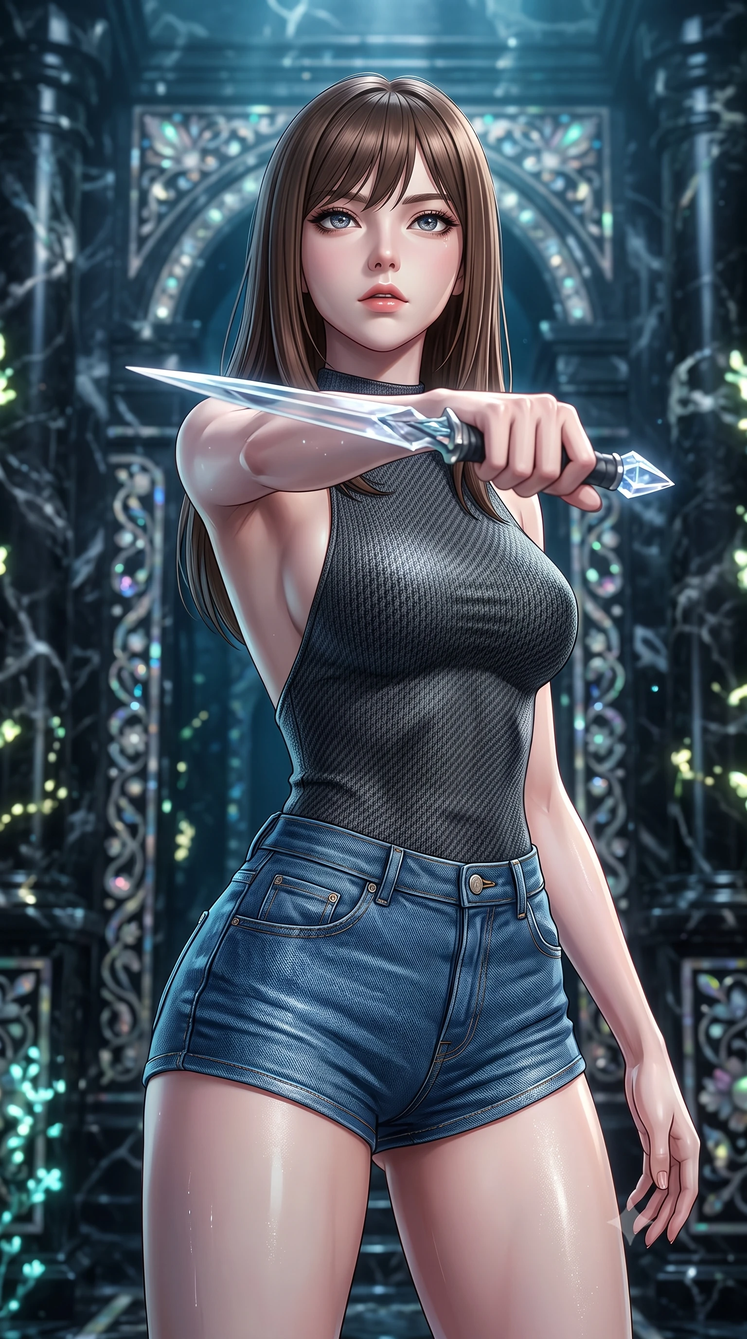 score_9, masterpiece, best quality, ultra-detailed, high-budget anime keyframe, editorial fashion photography, tasteful artistic composition, Korean woman. close-up cowboy shot from the waist and thighs up, the character dominates the composition, filling the frame with her large presence, background elements kept in soft focus. pointing a crystal-edged laser dagger forward in a defensive stance, tilting her chin up slightly with lips parted in a composed pose, the background shows a soft-focus an underwater trench temple built of black marble and pearl inlay. She has an exceptionally elegant, slender, and willowy female figure with an ultra-slim waist, a gracefully sculpted slender torso, and a refined silhouette. sharp v-shaped jawline, high-bridge nose, intricate jewel-like eyes with depth, thick eyelashes, glossy lips with a natural sheen. wearing a slim-fit backless carbon-fiber knit top in charcoal wool, paired with high-waisted denim micro-shorts. soft flickering light from glowing lichen reflecting off the wet marble walls. highly saturated vibrant anime colors, detailed shading with soft gradients, rich glossy textures, high-contrast stereoscopic depth, volumetric dynamic lighting, master piece, 9:16 ratio