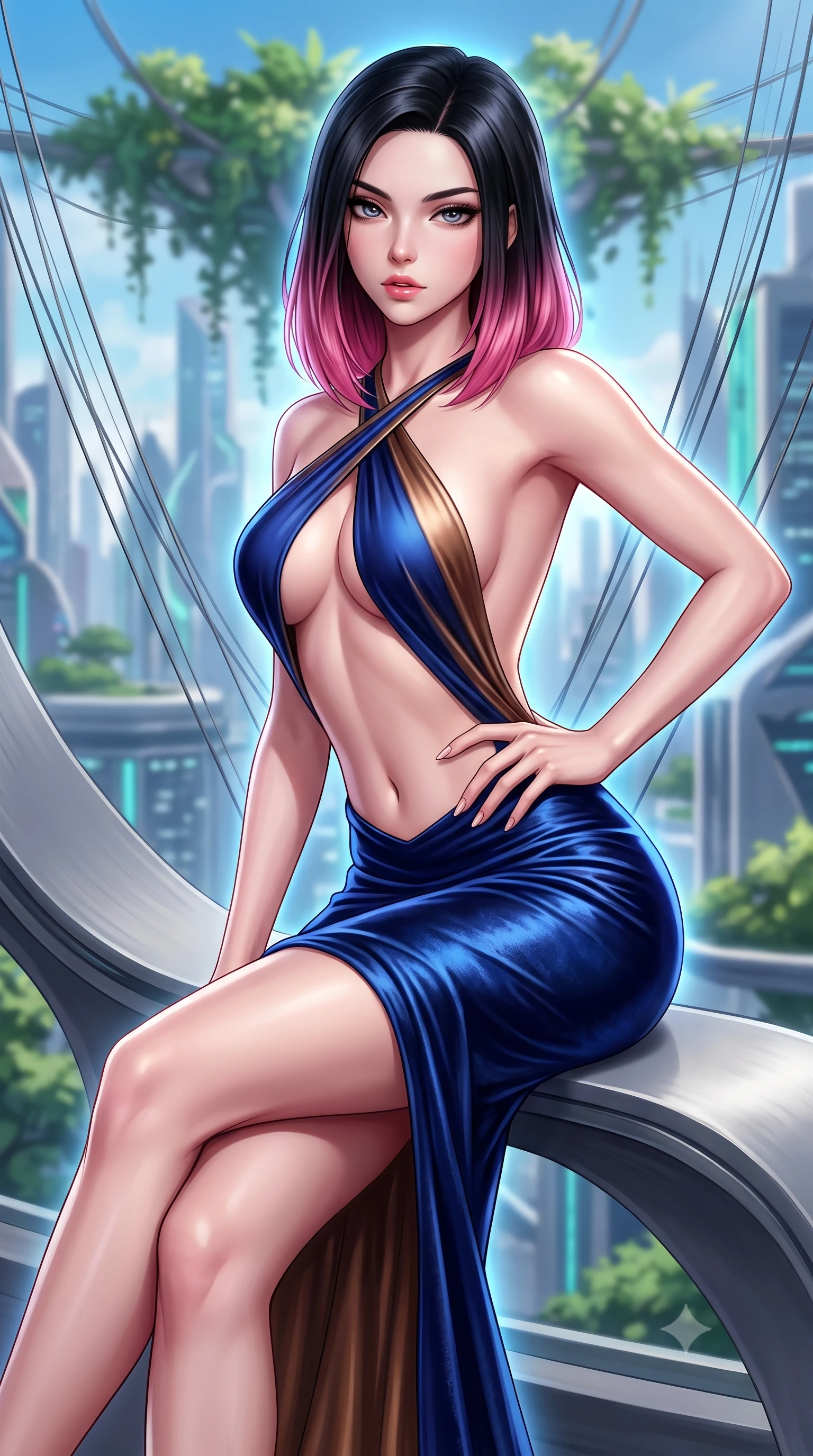 score_9, masterpiece, best quality, ultra-detailed, high-budget anime keyframe, semi-realistic 3D game render, editorial fashion photography, tasteful artistic composition, Korean woman. close-up cowboy shot from the waist and thighs up, the character dominates the composition, filling the frame with her large presence. resting one manicured hand delicately on her hip bone, her upper body turning in a fluid, seductive S-curve while parted lips glisten in the light while perching on the curved architectural skyway bench, long slender legs crossed and torso angled back to display her flat midriff and slender hourglass curves. The composition keeps background elements in soft focus with creamy bokeh. floating botanical canopy foliage and suspension cable lines softened in cinematic shallow depth of field. She has an exceptionally elegant, slender, and willowy female figure with an ultra-slim waist, flat toned midriff, narrow ribcage, and sculpted feminine hips creating an alluring, slim hourglass silhouette without bulk. sharp v-shaped jawline, high-bridge nose, intricate jewel-like eyes with depth, thick eyelashes, glossy parted lips with a natural sheen, intensely captivating and seductive bedroom-eyes expression, flawlessly proportioned anatomical accuracy, strict slender model proportions, natural body alignment, perfectly sculpted long slender limbs, ultra-slim waistline, clean dynamic posture without body distortion. wearing a liquid-silk jersey evening gown with an ultra-deep plunging open back descending to the base of her spine and a sculpted hip-hugging skirt in royal sapphire blue and liquid bronze, crafted from heavyweight crushed silk velvet with liquid vintage luster, finished with criss-cross back satin straps highlighting her graceful shoulder blades, the form-contouring material adhering flawlessly to her sculpted flat midriff and slender torso, emphasizing her long leg lines and perfectly proportioned willowy build. surrounded by a visionary, electrifying, and breathlessly magnificent eco-metropolis queen aura. highly saturated vibrant anime colors, detailed shading with soft gradients, rich glossy textures, high-contrast stereoscopic depth, volumetric dynamic lighting, master piece, 9:16 ratio