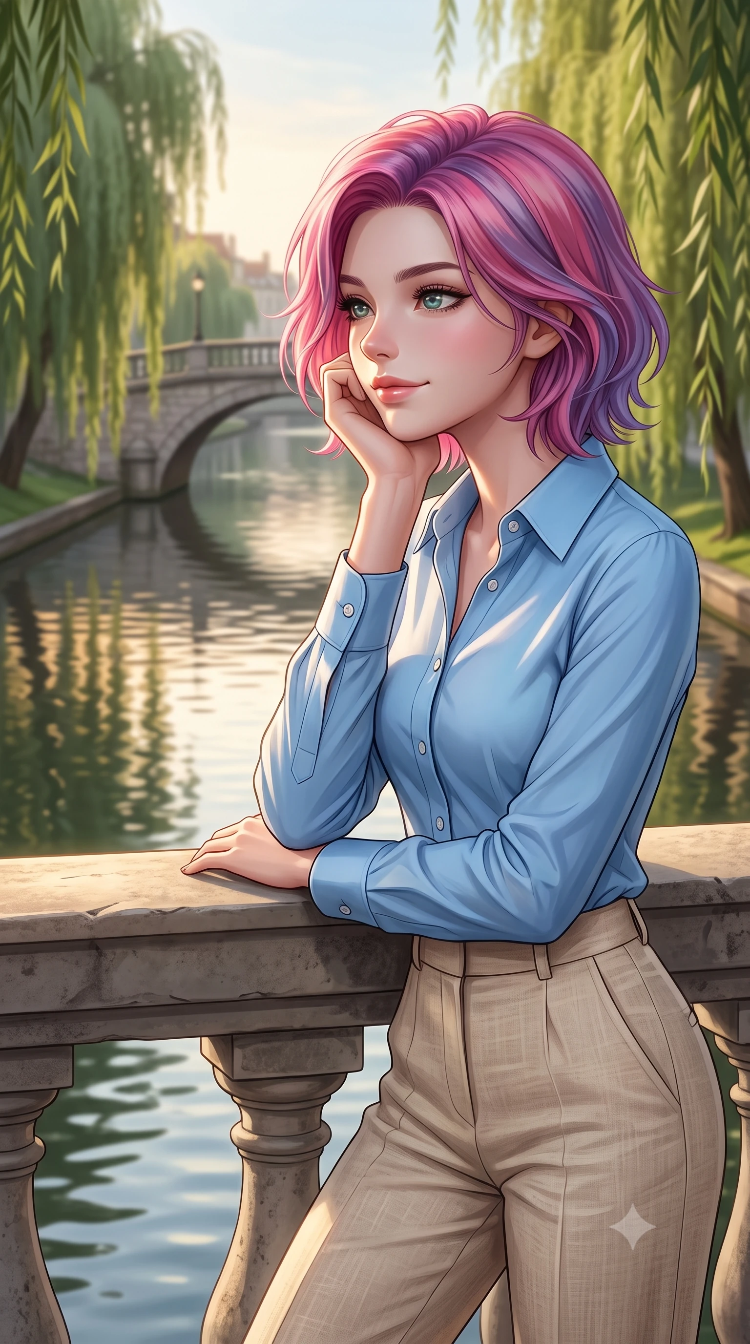 score_9, masterpiece, best quality, ultra-detailed, high-budget anime keyframe, editorial fashion photography, tasteful artistic composition, Caucasian woman woman. close-up cowboy shot from the waist and thighs up, the character dominates the composition, filling the frame with her large presence, background elements kept in soft focus. resting her chin on her hand, looking out at the beautiful scenery with a soft smile the background shows a soft-focus a classic stone arch bridge over a quiet city canal, with green weeping willows lining the banks. She has an exceptionally elegant, slender, and willowy female figure with an ultra-slim waist, a gracefully sculpted slender torso, and a refined silhouette. sharp v-shaped jawline, high-bridge nose, intricate jewel-like eyes with depth, thick eyelashes, glossy lips with a natural sheen. wearing a tailored tailored sky blue button-down shirt tucked into high-waisted beige linen trousers. late afternoon sun casting long shadows of the willows on the water. 2k, ultra detail, master piece, 9:16 ratio