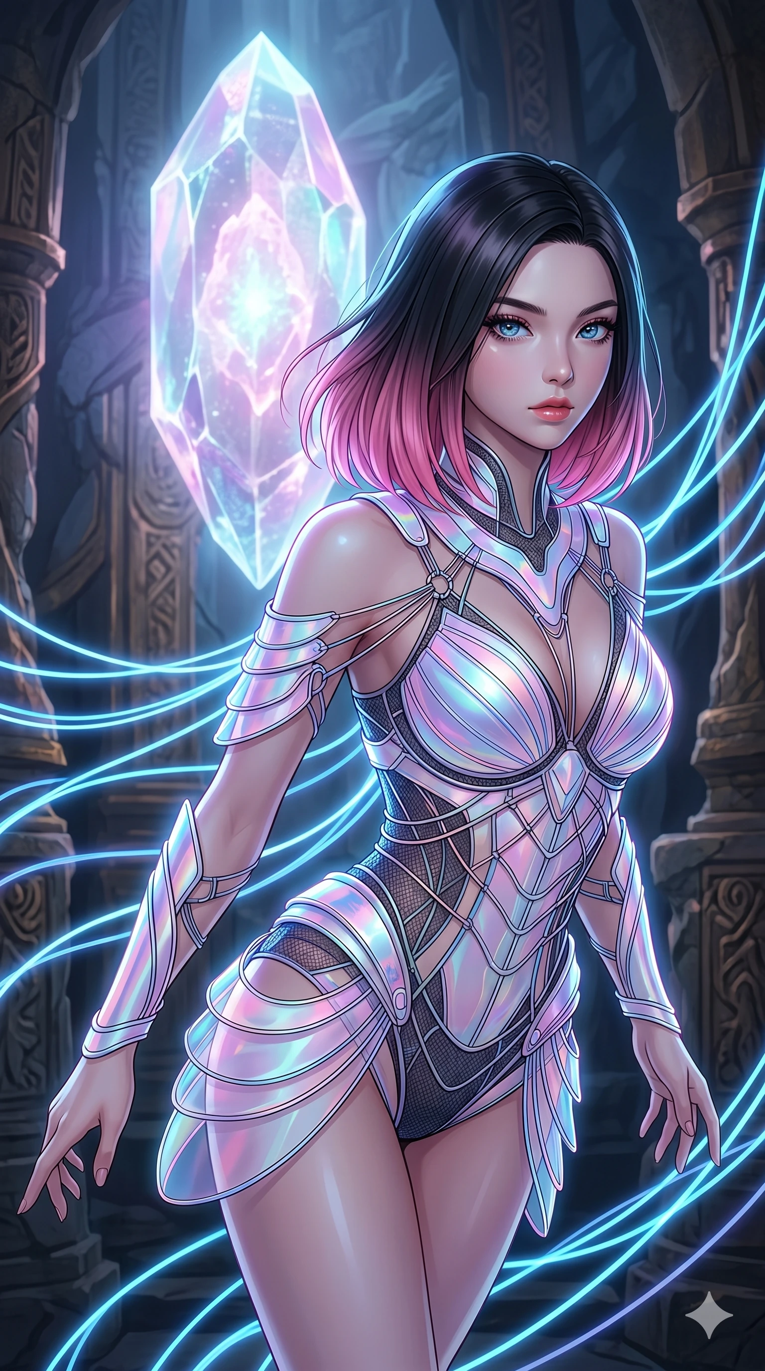 score_9, masterpiece, best quality, ultra-detailed, high-budget anime keyframe, editorial fashion photography, tasteful artistic composition, Korean woman. upper body close-up from the thighs up, character filling the screen for maximum presence. diving deep into in an ancient sanctuary where a massive floating crystal core pulses with light as neon blue fluid lines follow her path like light trails. She has an absolutely perfect 8-heads proportion, an exceptionally tall and slender female figure with impossibly long slender legs and an ultra-slim waist. V-shaped jawline, high-bridge nose, intricate jewel-like eyes with depth, thick eyelashes, glossy lips with a natural sheen.. wearing a holographic ribbon shell armor, featuring thin iridescent plates linked by wire straps over a sleek structured base layer. enhanced by a luminous pastel spectrum glow, casting elegant rim lights on her shoulders and jawline. 2k, ultra detail, master piece, 9:16 ratio