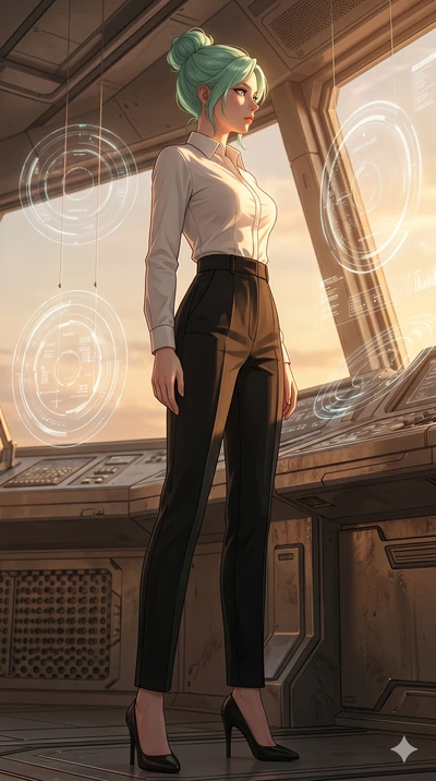 score_9, masterpiece, best quality, ultra-detailed, high-budget anime keyframe, editorial fashion photography, tasteful artistic composition, Japanese woman. low angle full-body shot from head to toe showing her feet, filling the entire 9:16 vertical