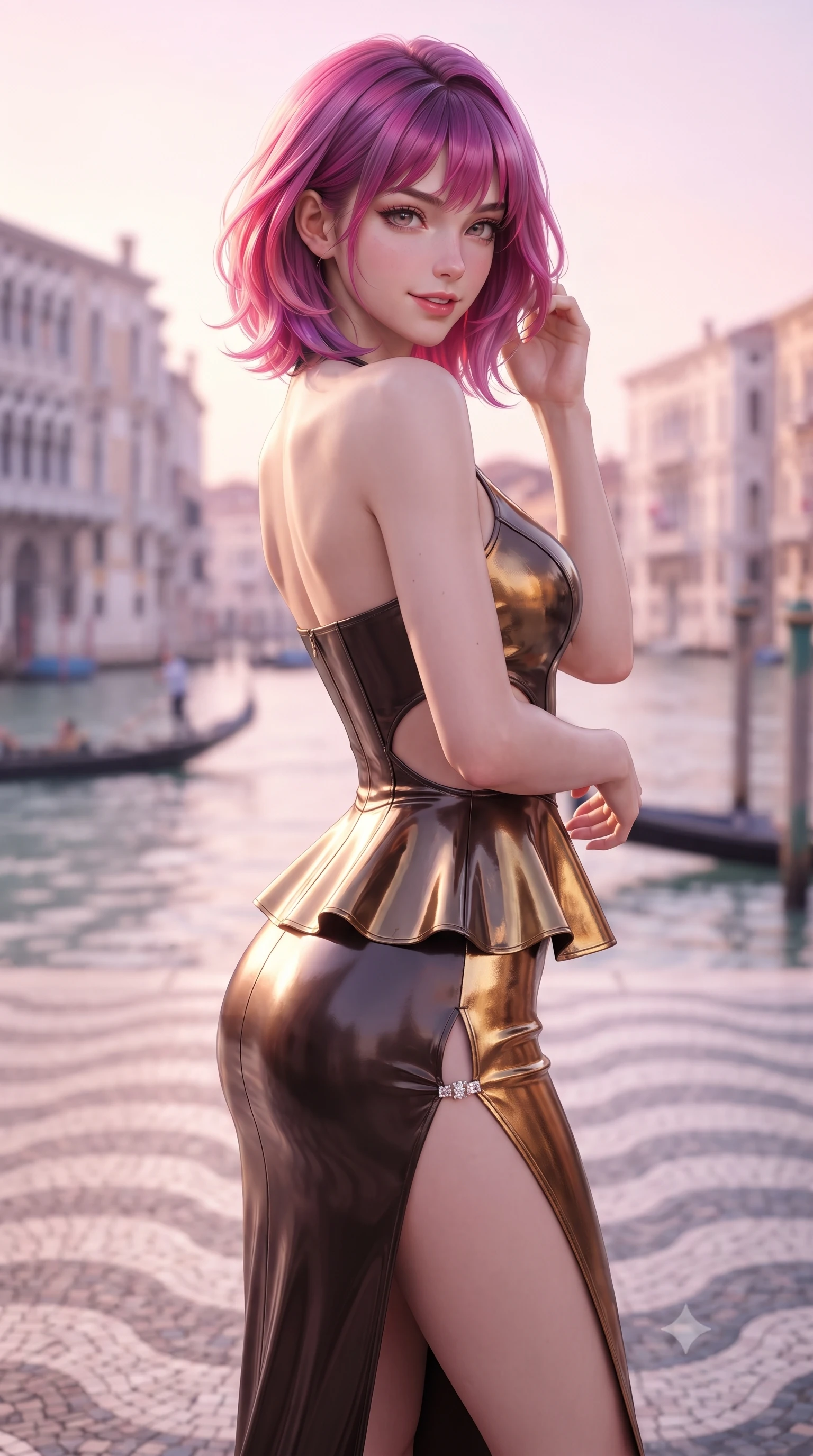 score_9, masterpiece, best quality, ultra-detailed, high-budget anime keyframe, editorial fashion photography, tasteful artistic composition, Caucasian woman. close-up cowboy shot from the waist and thighs up, the character dominates the composition, filling the frame with her large presence. turning over a bare shoulder with an intoxicating, teasing smile, her soft hair framing her sharp jawline as her hips angle gracefully while standing poised on the wave-patterned mosaic loggia floor, twisting her slender torso in an alluring S-curve as passing gondolas ripple the water below. The composition keeps background elements in soft focus with creamy bokeh. historic Venetian palazzos across the Grand Canal and gliding wooden gondolas blurred into soft rose, lavender, and aquamarine bokeh. She has an exceptionally elegant, slender, and willowy female figure with an ultra-slim waist, flat toned midriff, narrow ribcage, and sculpted feminine hips creating an alluring, slim hourglass silhouette without bulk. sharp v-shaped jawline, high-bridge nose, intricate jewel-like eyes with depth, thick eyelashes, glossy parted lips with a natural sheen, intensely captivating and seductive bedroom-eyes expression, flawlessly proportioned anatomical accuracy, strict slender model proportions, natural body alignment, perfectly sculpted long slender limbs, ultra-slim waistline, clean dynamic posture without body distortion. wearing a modern peplum corset dress with side-waist diamond cutouts and an ultra-tight silhouette in dark espresso brown and molten gold foil, tailored from second-skin aerodynamic stretch vinyl with specular wet sheen, finished with an ultra-high side slit secured by miniature jeweled clasps, the liquid-tight tailored fabric clinging flawlessly to her narrow waist and rounded feminine hips, emphasizing every millimeter of her sculpted slim hourglass curves without any bulky heaviness. bathed in luminous pastel sunset pink and gold light reflecting off the Grand Canal waters. ultra-reflective glossy finish, specular highlights, rich textural contrasts, high-contrast stereoscopic depth, volumetric dynamic lighting, 2k, ultra detail, master piece, 9:16 ratio