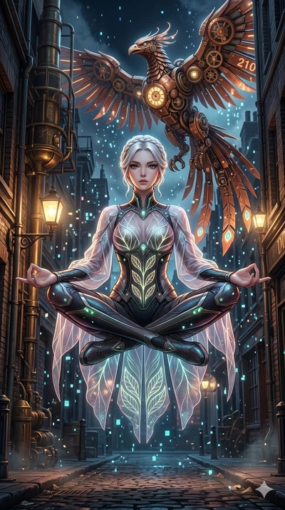 score_9, masterpiece, best quality, ultra-detailed, Set A: High-budget Anime Keyframe, Korean woman. Low angle cowboy shot filling the entire 9:16 frame with her statuesque presence. Theme: Primal Nature. meditating in a steampunk London alleyway, wh