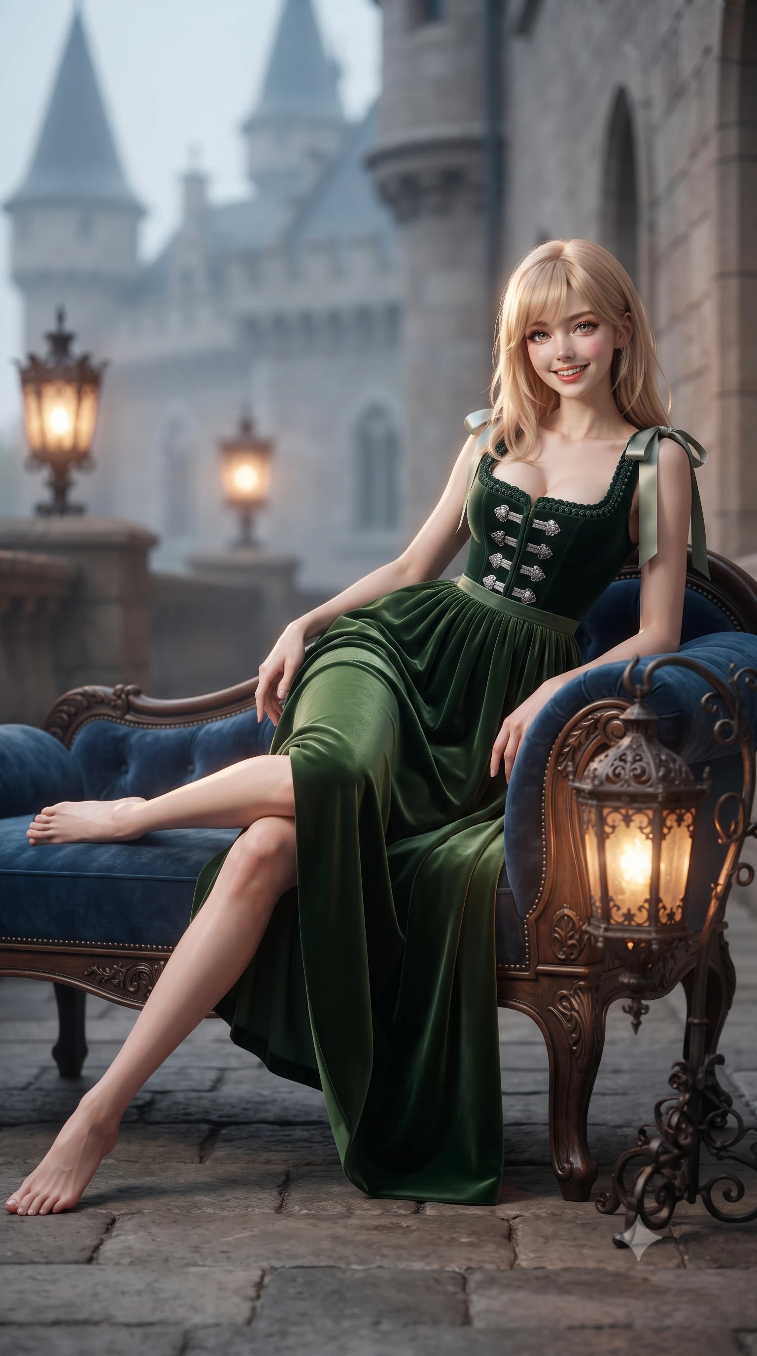 score_9, masterpiece, best quality, ultra-detailed, high-budget anime keyframe, editorial fashion photography, tasteful artistic composition, Japanese woman. low angle full-body shot from head to toe showing her feet, filling the entire 9:16 vertical frame with her statuesque presence, stretching her vertical silhouette. reclining gracefully across the plush chaise lounge with one leg extended, her sculpted silhouette and flat midriff radiating magnetic nocturnal glamour while twisting her slender torso in an alluring contrapposto stance beside the wrought-iron lantern sconce, warm amber light caressing her narrow waist and curvy hips. The background shows a soft-focus antique wrought-iron lantern glow softened in romantic 19th-century castle shallow focus. She has an exceptionally tall and slender model-like 8.5-heads proportion, an ultra-slim waist, a flat toned midriff, narrow delicate ribcage, and beautifully sculpted feminine hips creating a graceful, slim hourglass silhouette without any bulky heaviness, with impossibly long slender legs. sharp v-shaped jawline, high-bridge nose, intricate jewel-like sparkling eyes with depth, thick eyelashes, glossy parted lips with a natural peach sheen, bright cheerful beaming smile with an enchanting and coquettish sensual glint, exuding both youthful cute charm and seductive allure, flawlessly proportioned anatomical accuracy, strict slender model proportions, natural body alignment, perfectly sculpted long slender limbs, ultra-slim waistline, clean dynamic posture without body distortion. wearing a regal Bavarian Alpine velvet dirndl-inspired tailored evening gown with delicate silver heraldic buttons in Japanese hinoki cedar honey and Kyoto matcha jade, tailored from ultra-plush silk velvet with rich tactile depth and deep shadow gradients, finished with satin ribbon ties at the shoulders fluttering in the gentle breeze, the bespoke structured tailoring following the natural line of her 8.5-heads silhouette with refined elegance. illuminated by stone terrace bounce and sharp platinum-gold rim lights sculpting her jawline, narrow waist, and curvy hips. ultra-reflective glossy finish, specular highlights, rich textural contrasts, high-contrast stereoscopic depth, volumetric dynamic lighting, 2k, ultra detail, master piece, 9:16 ratio