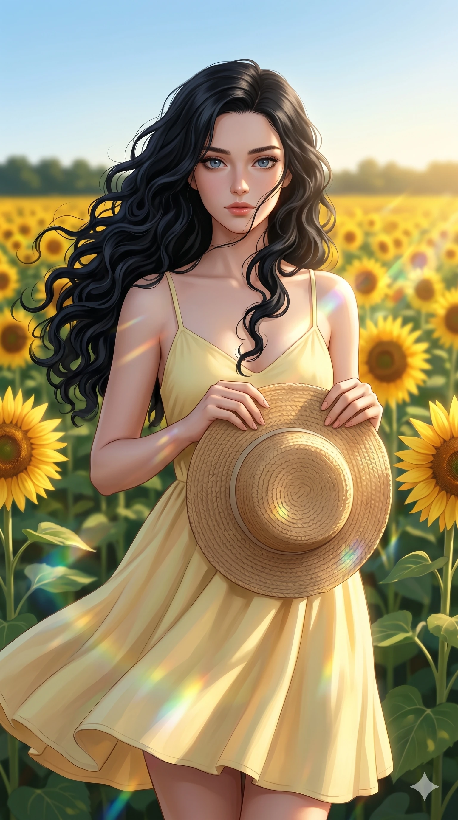 score_9, score_8_up, score_7_up, source_anime, masterpiece, best quality, ultra-detailed, same character with long flowing black hair, wearing a pastel yellow sundress, upper body close-up from thigh up filling the screen, holding a wide-brimmed straw hat against a breeze, sunflower field background, lens flare, 2k, 9:16 ratio