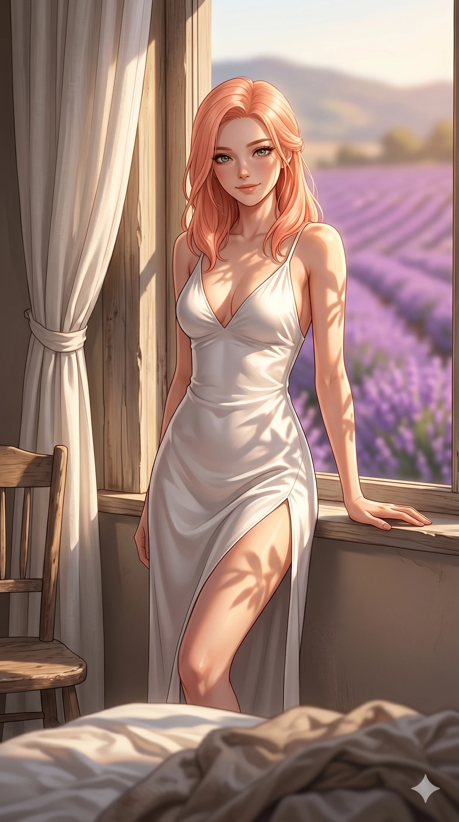 score_9, masterpiece, best quality, ultra-detailed, high-budget anime keyframe, editorial fashion photography, tasteful artistic composition, Japanese woman. cowboy shot from the thighs up, character and outfit filling the frame for maximum editorial presence. leaning against the wooden window frame, looking at the viewer with a soft, inviting smile inside a sunlit private bedroom overlooking a field of lavender (Code-P16-087). She has an absolutely perfect 8-heads proportion, an exceptionally tall and slender female figure with impossibly long slender legs and an ultra-slim waist. V-shaped jawline, high-bridge nose, intricate jewel-like eyes with depth, thick eyelashes, glossy lips with a natural sheen. wearing a white silk slip dress with a plunging V-neckline and a high side slit to mid-thigh. bathed in warm, golden afternoon sunbeams, casting soft organic leaf shadows on her skin. 2k, ultra detail, master piece, 9:16 ratio
