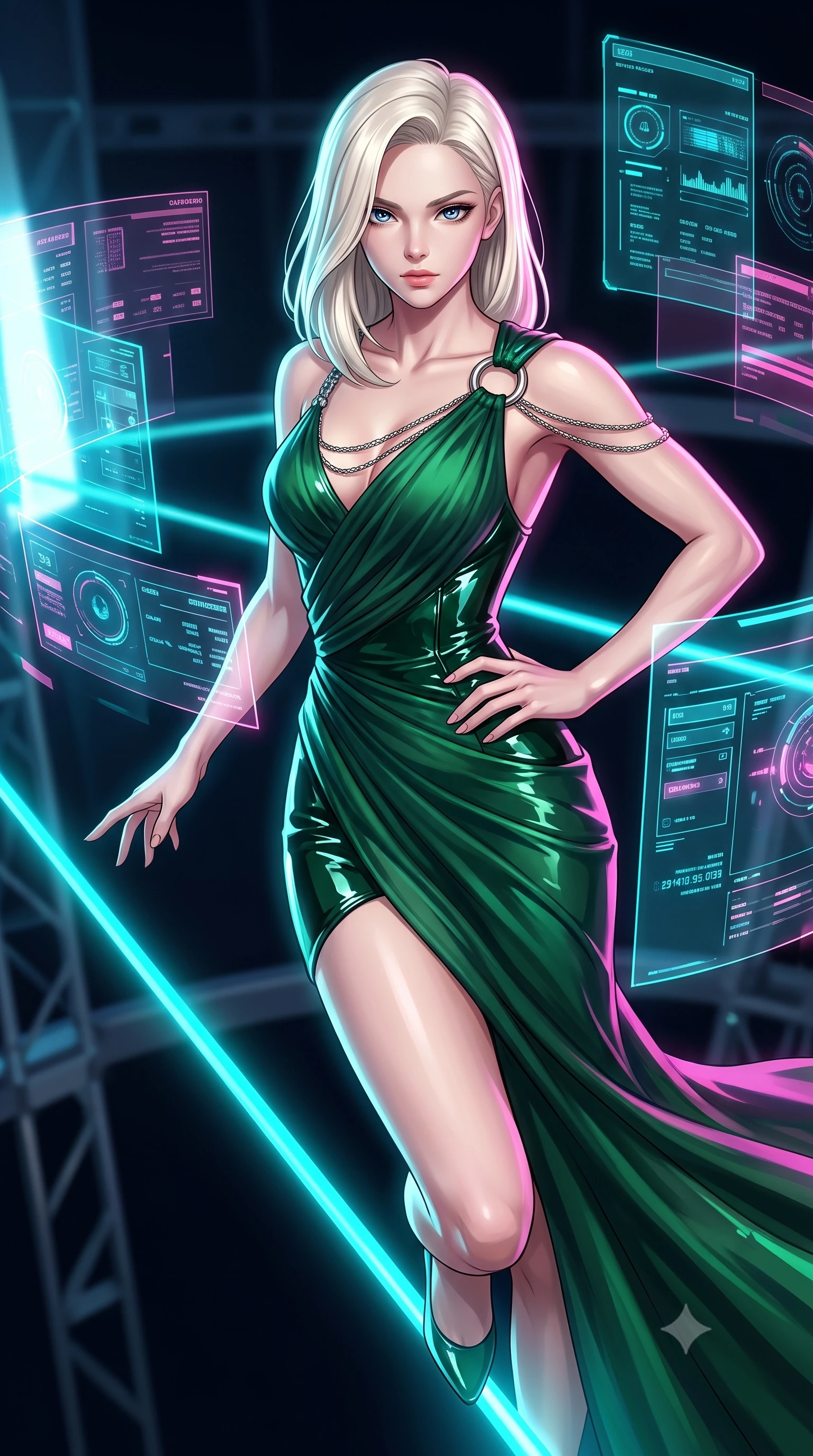 score_9, masterpiece, best quality, ultra-detailed, high-budget anime keyframe, editorial fashion photography, tasteful artistic composition, Caucasian woman. close-up cowboy shot from the waist and thighs up, the character dominates the composition, filling the frame with her large presence, background elements kept in soft focus. Holding a powerful dynamic pose with one hand on her hip and body angled dramatically toward the key light while balancing dynamically on a high-tension cyan laser wire in a dark cybernetic arena, translucent cyan and magenta holographic panels hovering dynamically around her. She has an exceptionally elegant, slender, and willowy female figure with an ultra-slim waist, a gracefully sculpted slender torso, and a refined silhouette. sharp v-shaped jawline, high-bridge nose, intricate jewel-like eyes with depth, thick eyelashes, glossy lips with a natural sheen, flawlessly proportioned anatomical accuracy, natural body alignment, perfectly sculpted elegant limbs, clean dynamic posture without body distortion. wearing an asymmetrical Grecian draped chiffon gown with a metallic shoulder ring in deep emerald green and silver accent, tailored from high-gloss patent leather, adorned with delicate metallic chain straps along the neckline, the tailored fabric tightly following every curve of her athletic build. surrounded by a crisp high-tech illumination with high specular contrast. highly saturated vibrant anime colors, detailed shading with soft gradients, rich glossy textures, high-contrast stereoscopic depth, volumetric dynamic lighting, master piece, 9:16 ratio