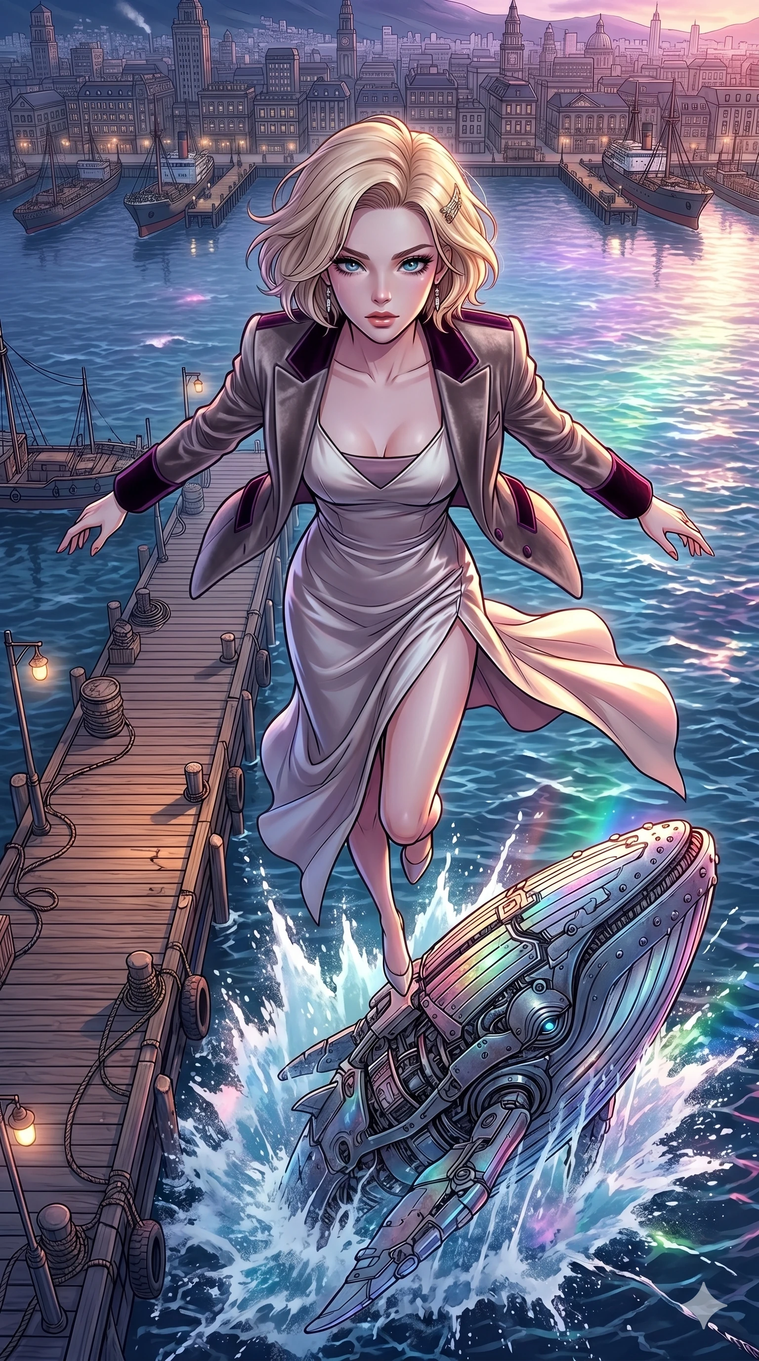 score_9, masterpiece, best quality, ultra-detailed, high-budget anime movie keyframe, cinematic anime lighting, intricate line art, Caucasian (strictly human ears) woman. Extreme high angle shot as she leaps towards the camera, filling the frame. gliding across a pier as a mechanical whale breaches the water. She has an absolutely perfect 8-heads proportion, an exceptionally tall and slender female figure with graceful and slender proportions. strictly human anatomy, two legs only, no extra limbs, clearly defined legs and arms, perfect anatomy, perfect hands and fingers. sharp v-shaped jawline, high-bridge nose, intricate jewel-like eyes, thick eyelashes, glossy lips. Wearing High-Fashion Editorial: Silk slip dress with elegant side slit, backless velvet gown, and structured blazer over a coordinated top. The scene is illuminated by dramatic atmospheric lighting and vibrant color palettes. , 2k, ultra detail, master piece, 9:16 ratio